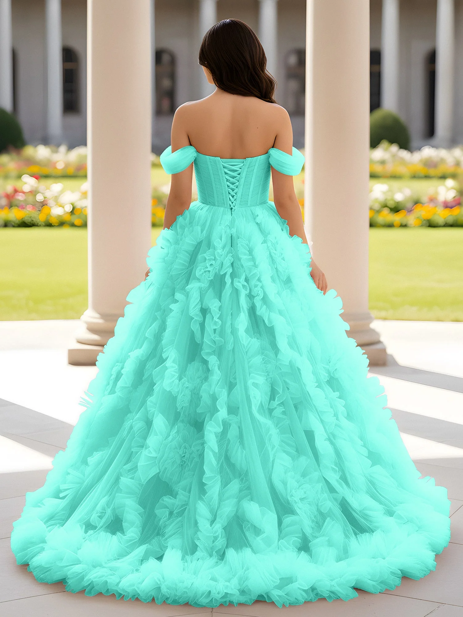 Herzform Schulterfrei Rüschen Schleppe Ballkleid Spa - Image 2