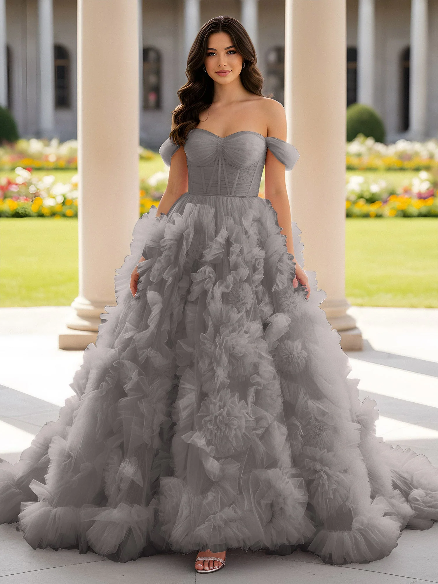 Herzform Schulterfrei Rüschen Schleppe Ballkleid Stahlgrau