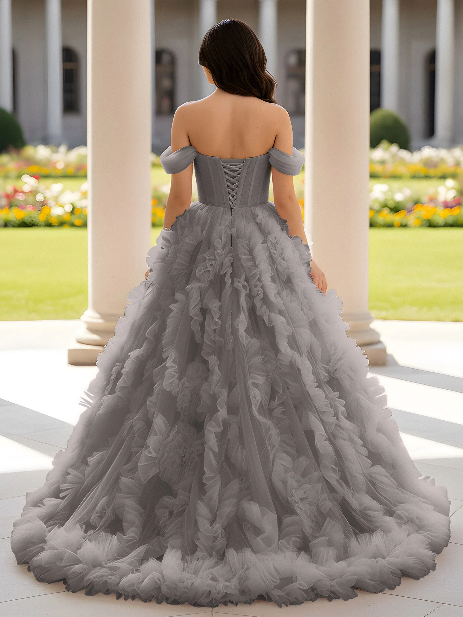 Herzform Schulterfrei Rüschen Schleppe Ballkleid Stahlgrau - Image 2
