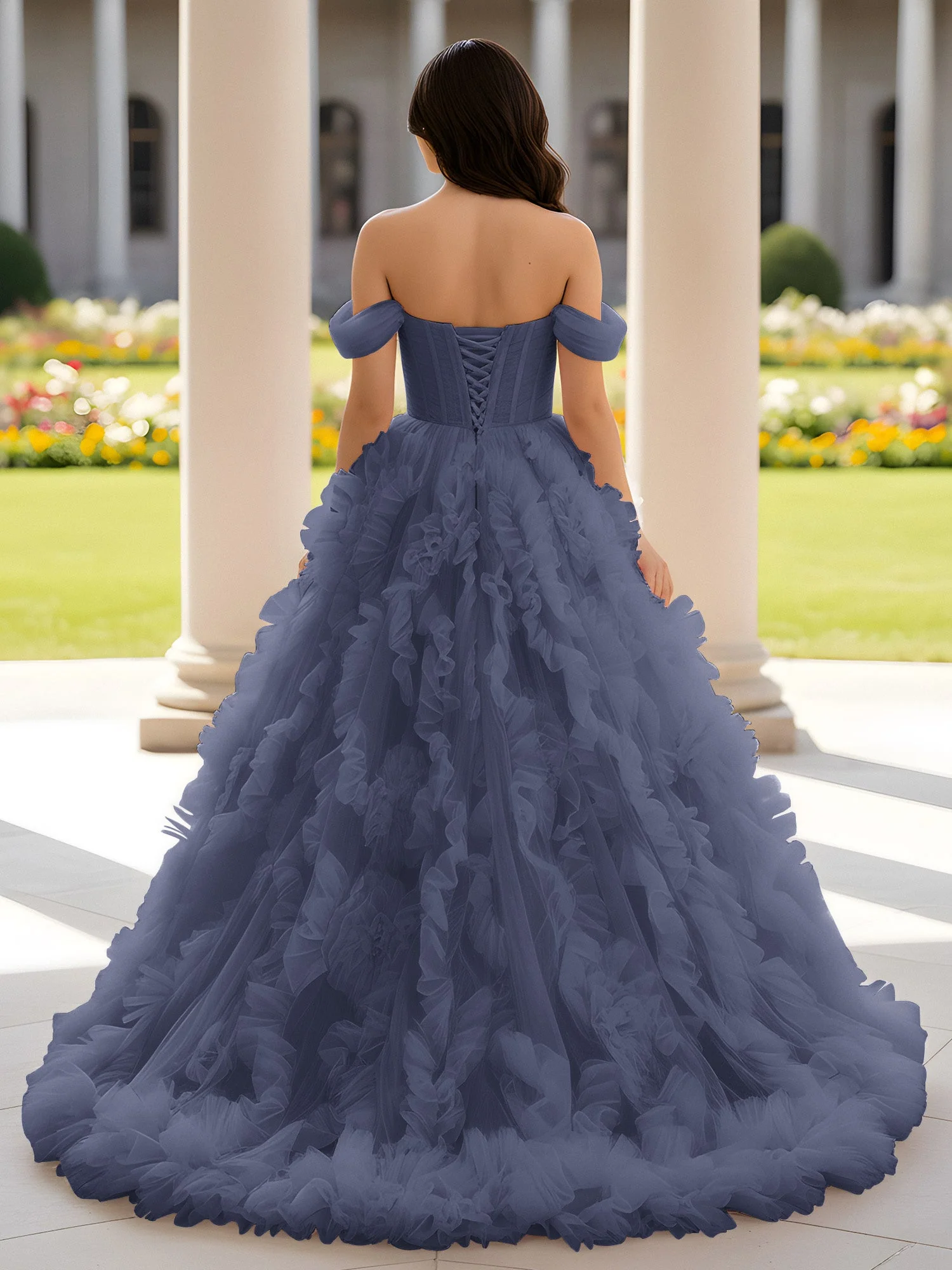 Herzform Schulterfrei Rüschen Schleppe Ballkleid Sturm - Image 2