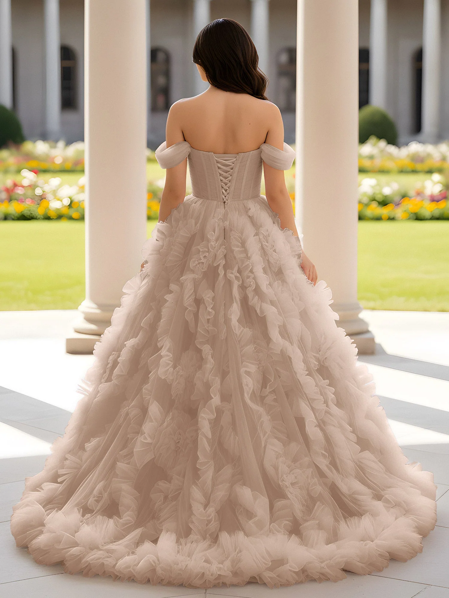 Herzform Schulterfrei Rüschen Schleppe Ballkleid Taupe - Image 2