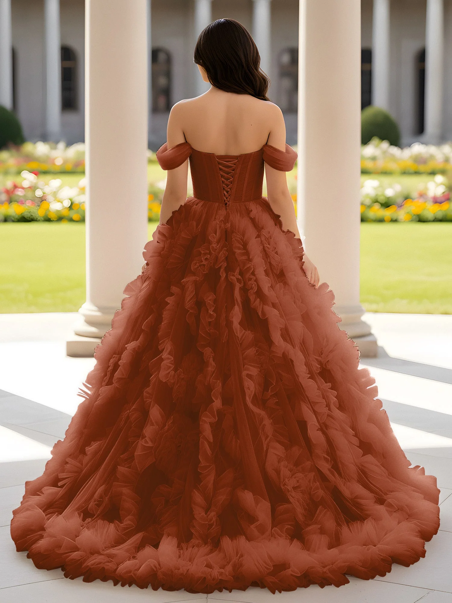 Herzform Schulterfrei Rüschen Schleppe Ballkleid Terrakotta - Image 2