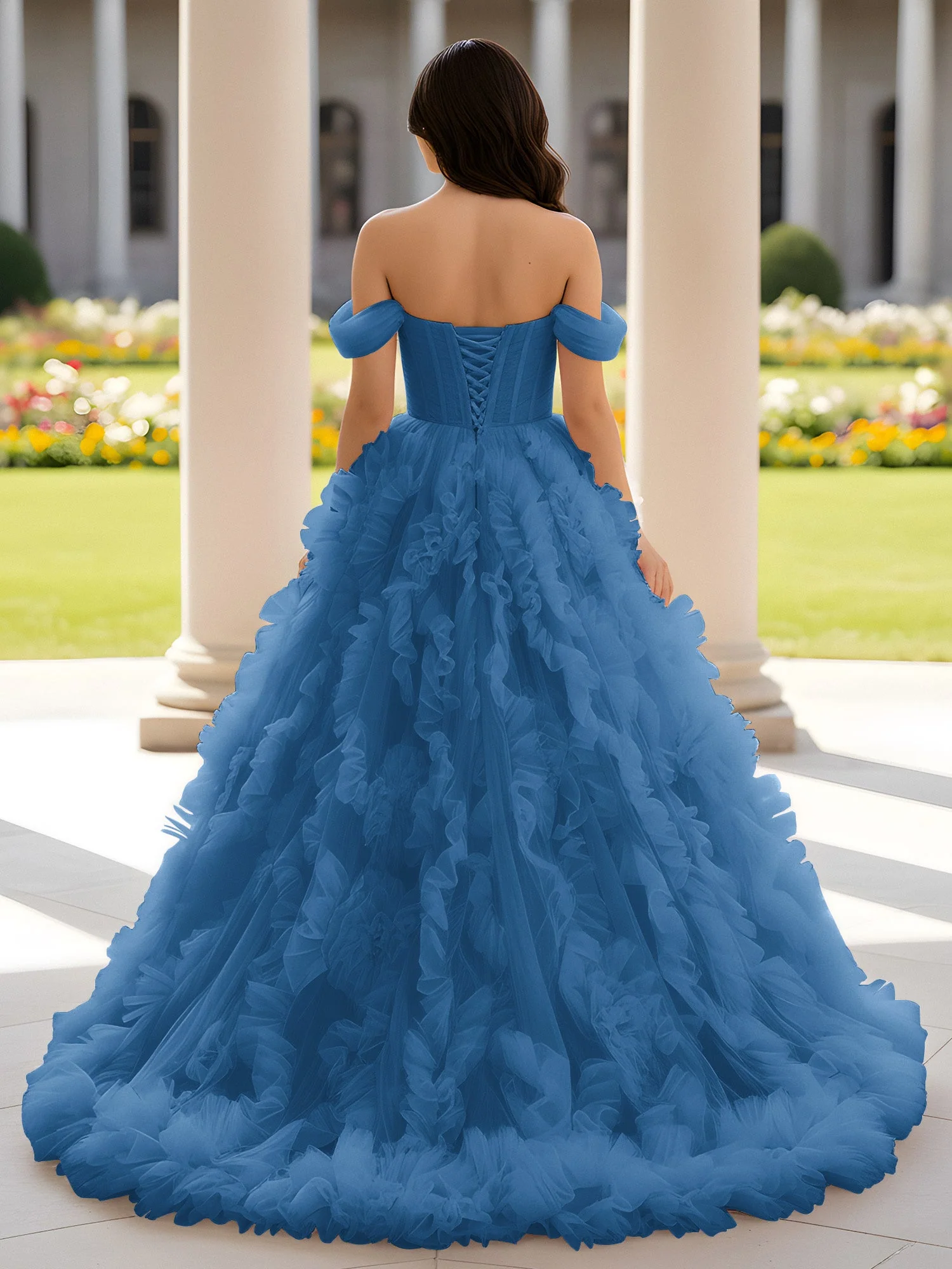 Herzform Schulterfrei Rüschen Schleppe Ballkleid Tinte Blau - Image 2