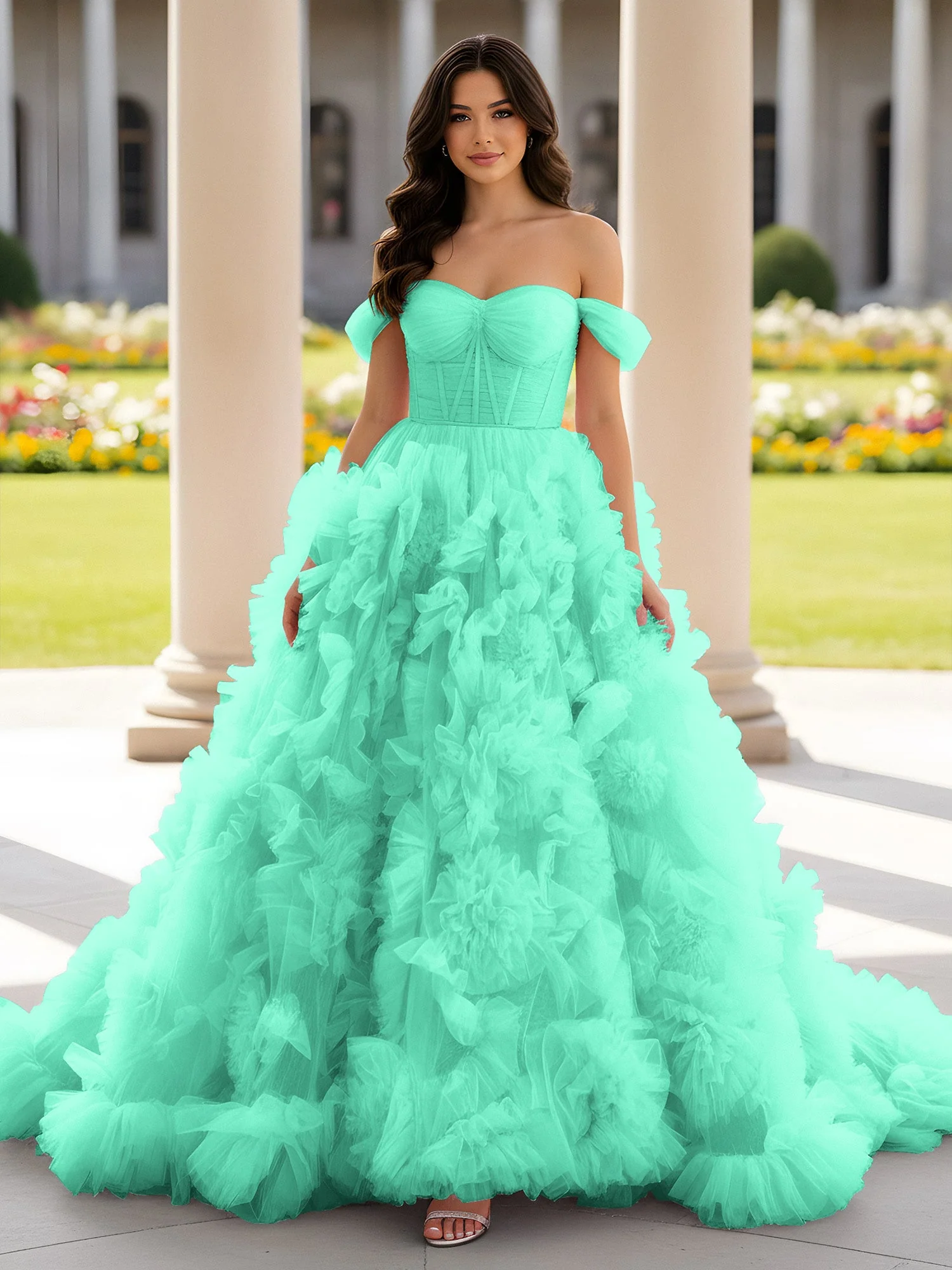 Herzform Schulterfrei Rüschen Schleppe Ballkleid Türkis