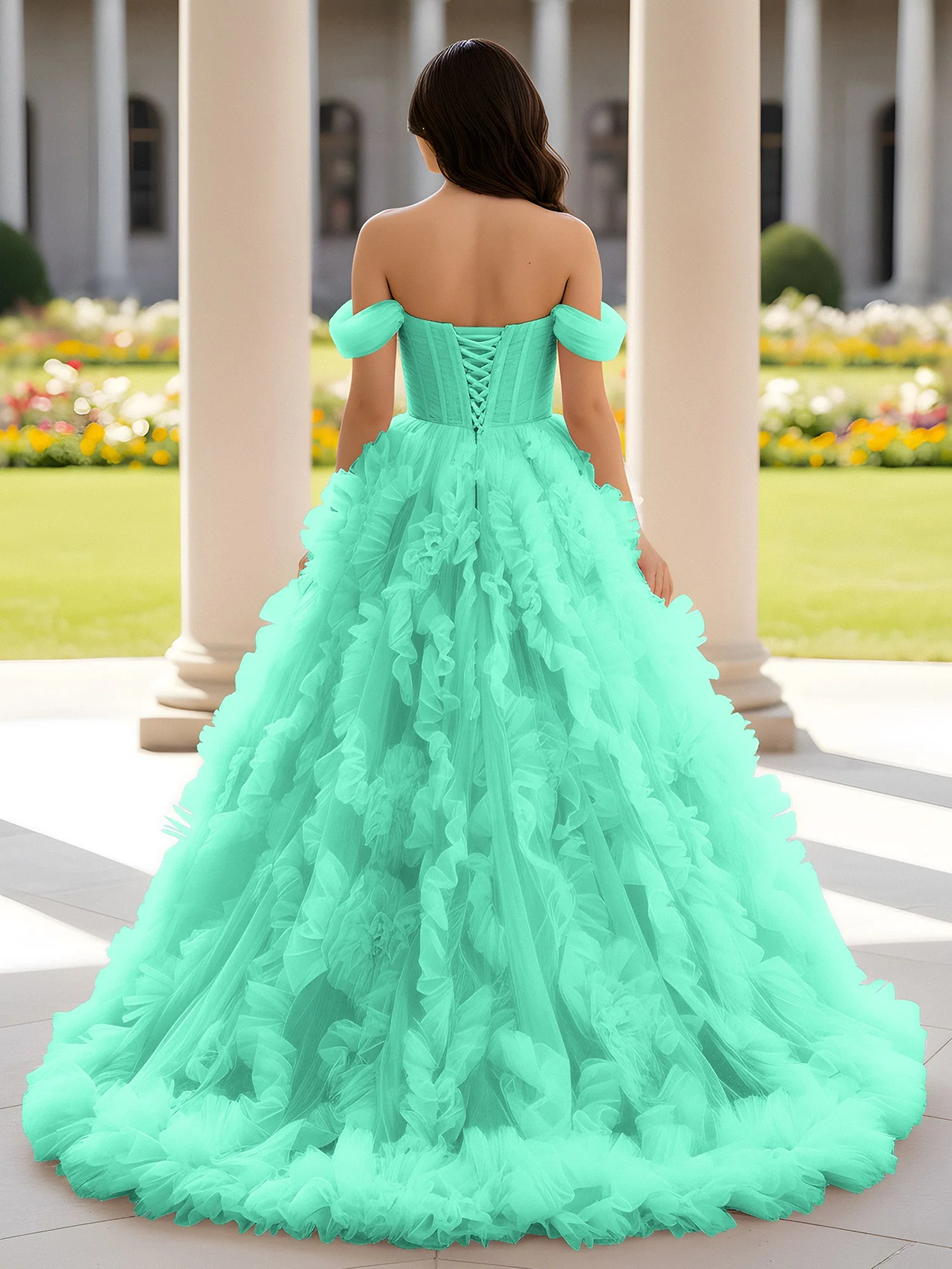 Herzform Schulterfrei Rüschen Schleppe Ballkleid Türkis - Image 2