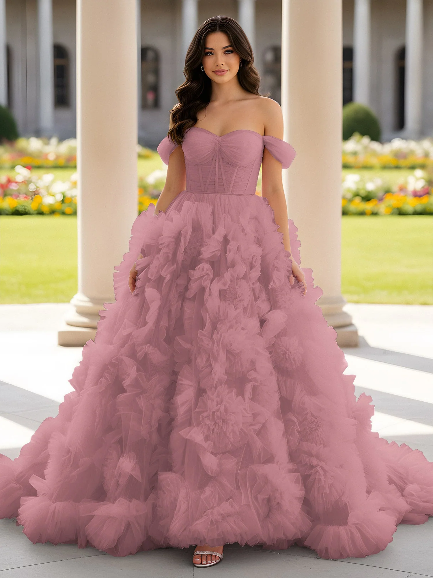 Herzform Schulterfrei Rüschen Schleppe Ballkleid Vintage Mauve
