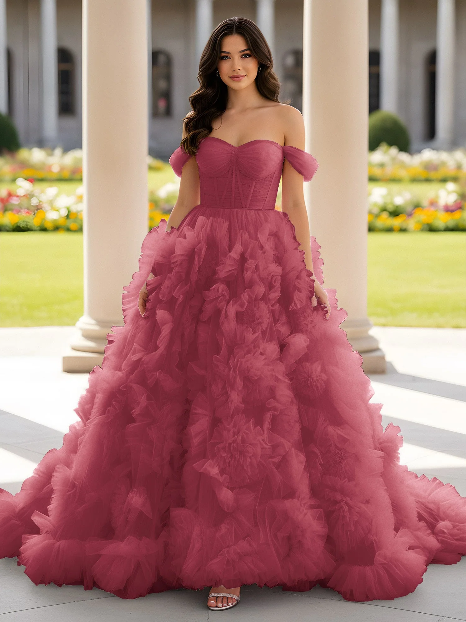 Herzform Schulterfrei Rüschen Schleppe Ballkleid Zimtrose