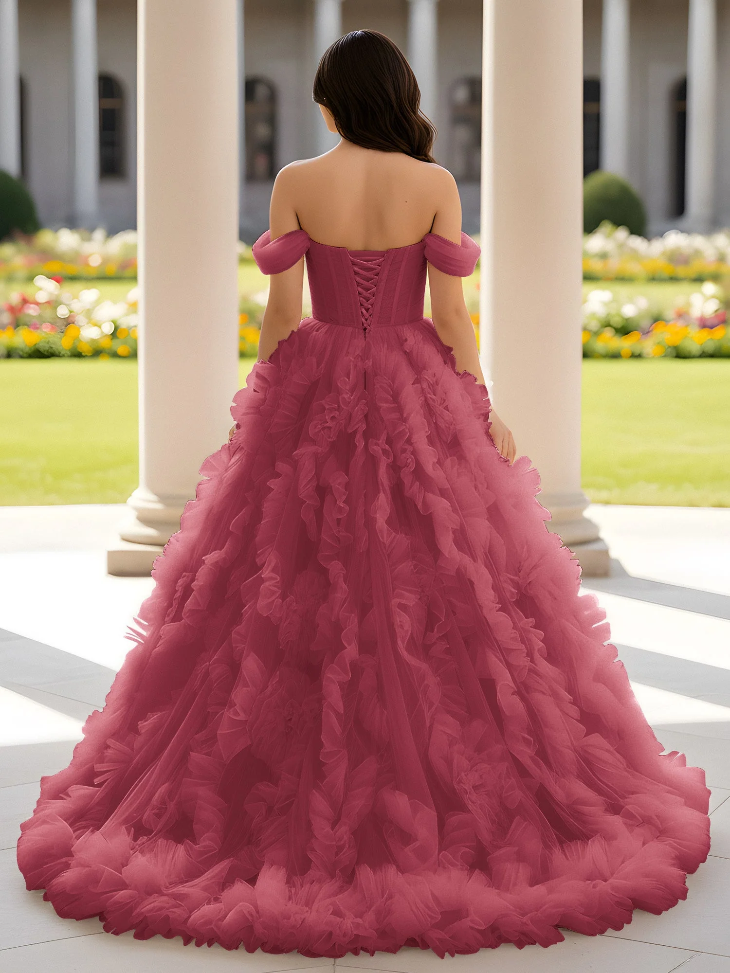 Herzform Schulterfrei Rüschen Schleppe Ballkleid Zimtrose - Image 2