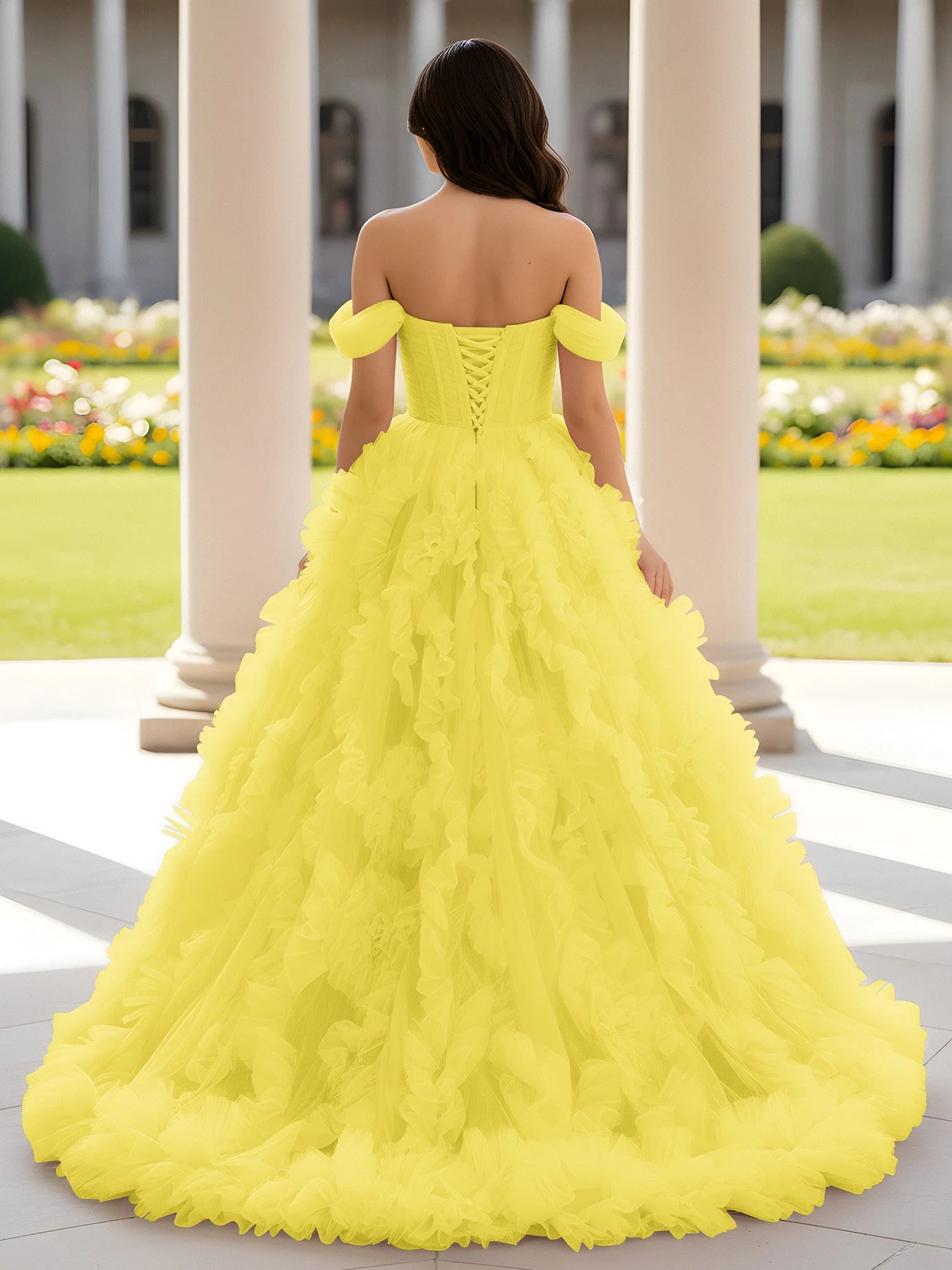 Herzform Schulterfrei Rüschen Schleppe Ballkleid Zitrone - Image 2