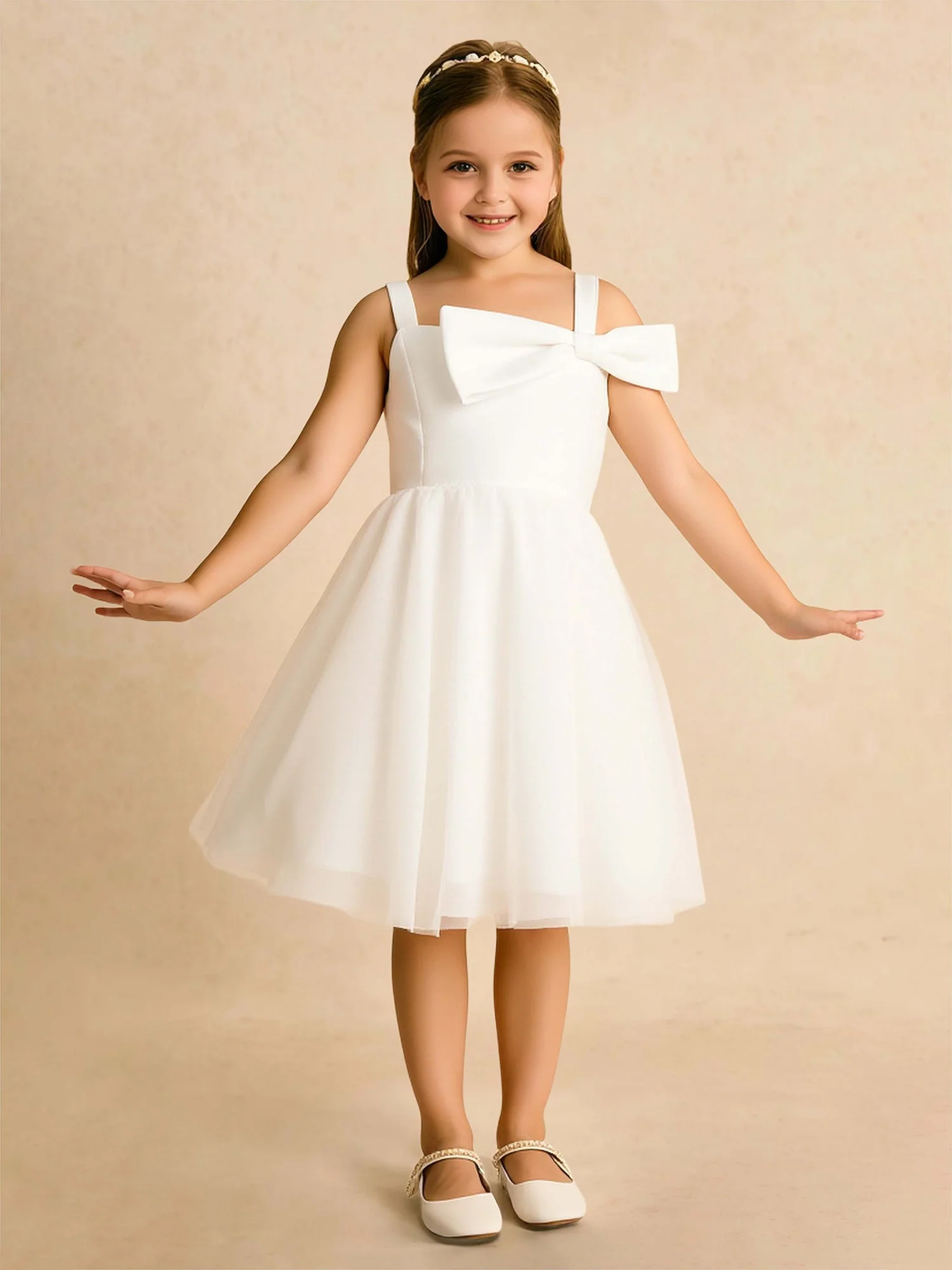 Schleife Quadratischer Ausschnitt A-Linie Tüll Blumenmädchen Kleid Weiß