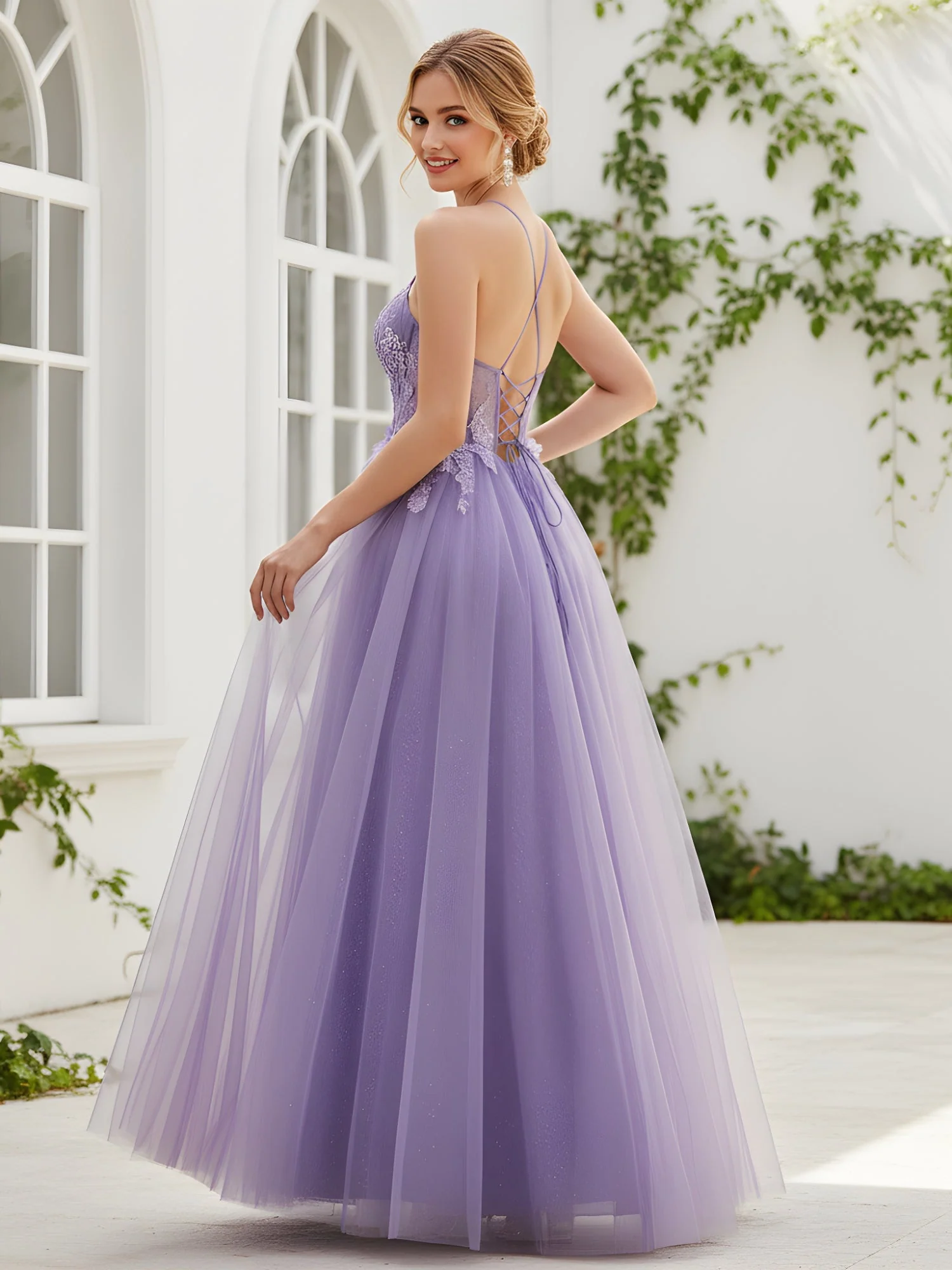 Delikat Rückenlos A-Line Kleid mit Spitze Detail Lila - Image 2