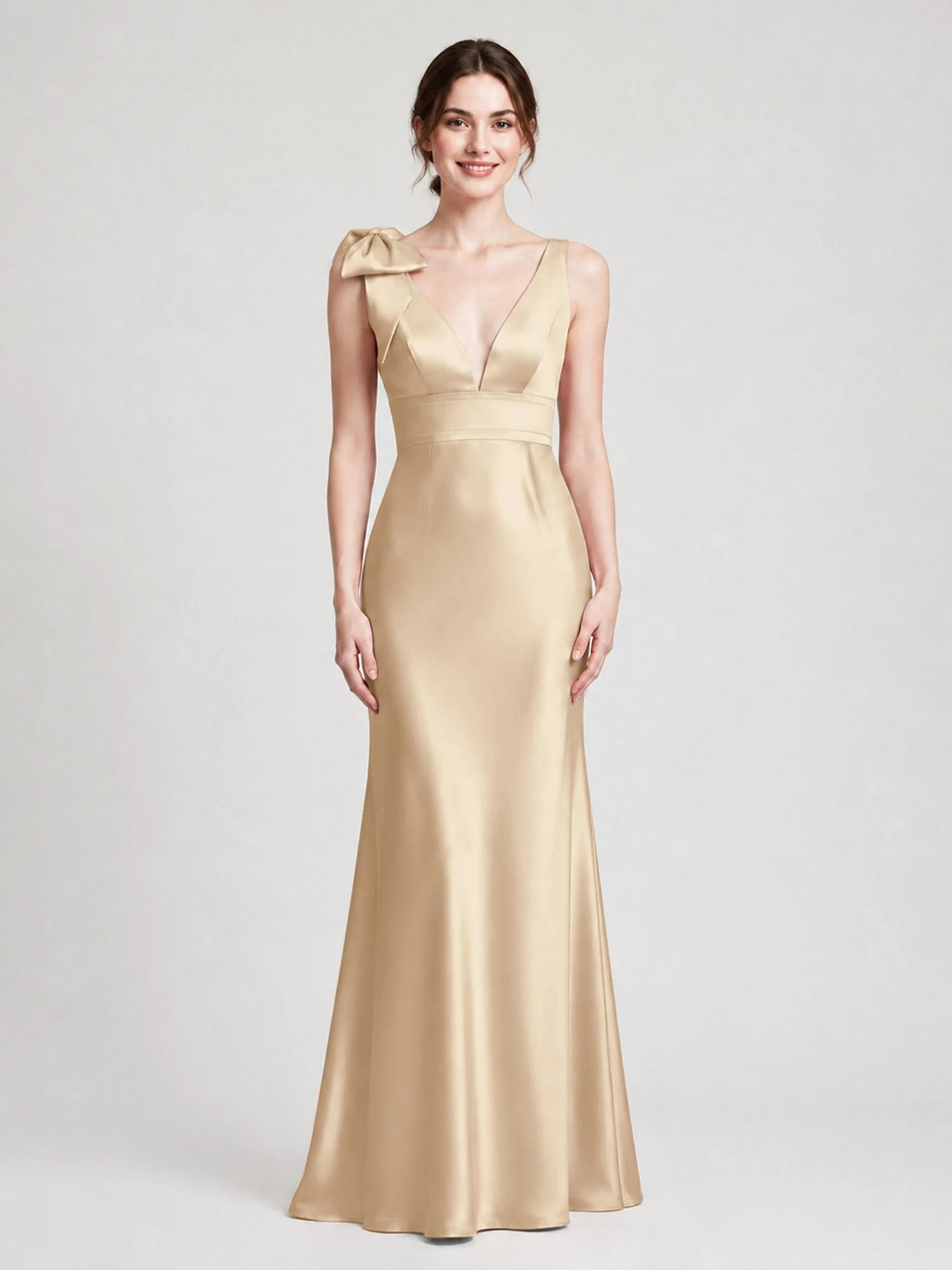 Satin Etuikleid mit V-Ausschnitt und Schulterschleife Champagner