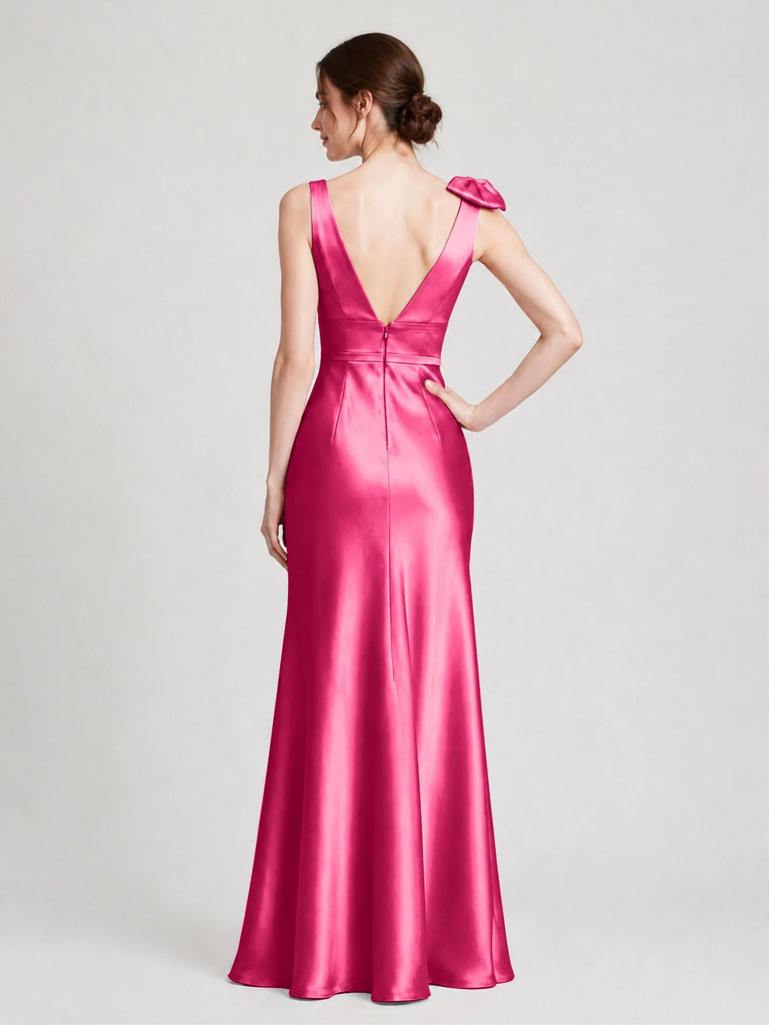 Satin Etuikleid mit V-Ausschnitt und Schulterschleife Fuchsia - Image 2