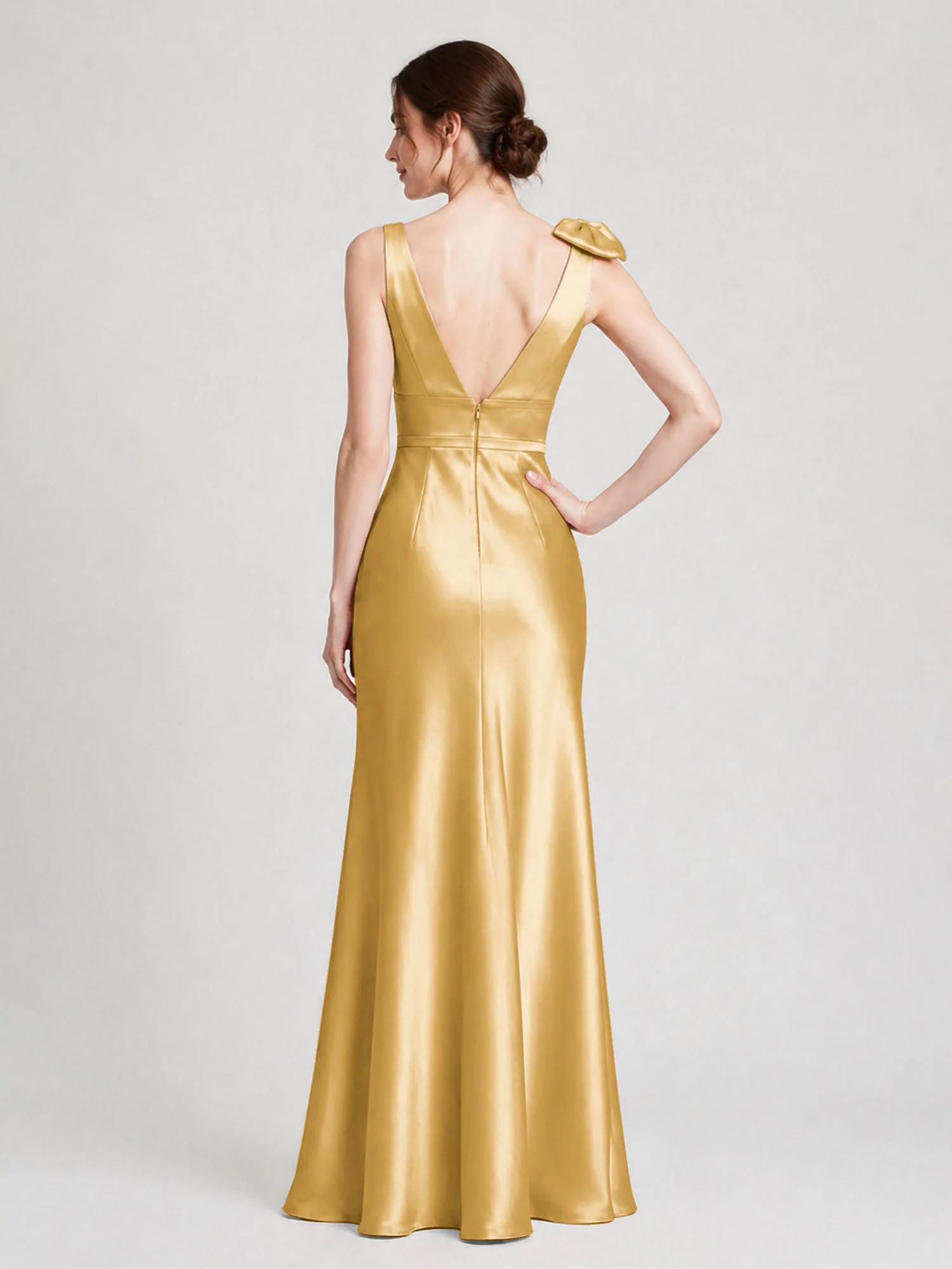 Satin Etuikleid mit V-Ausschnitt und Schulterschleife Gold - Image 2