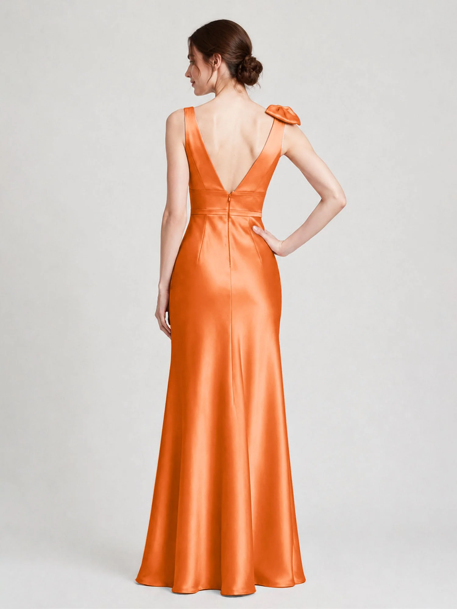Satin Etuikleid mit V-Ausschnitt und Schulterschleife Orange - Image 2