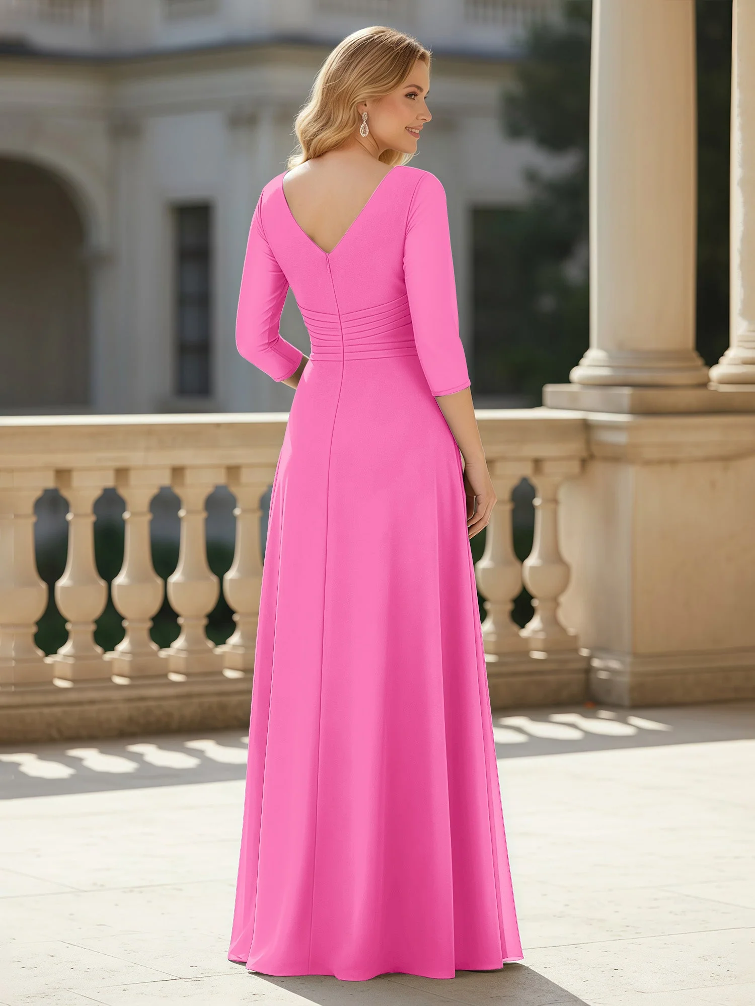 3/4 Ärmel Plissee V-Ausschnitt Chiffon Bodenlänge Kleid Azalee - Image 2