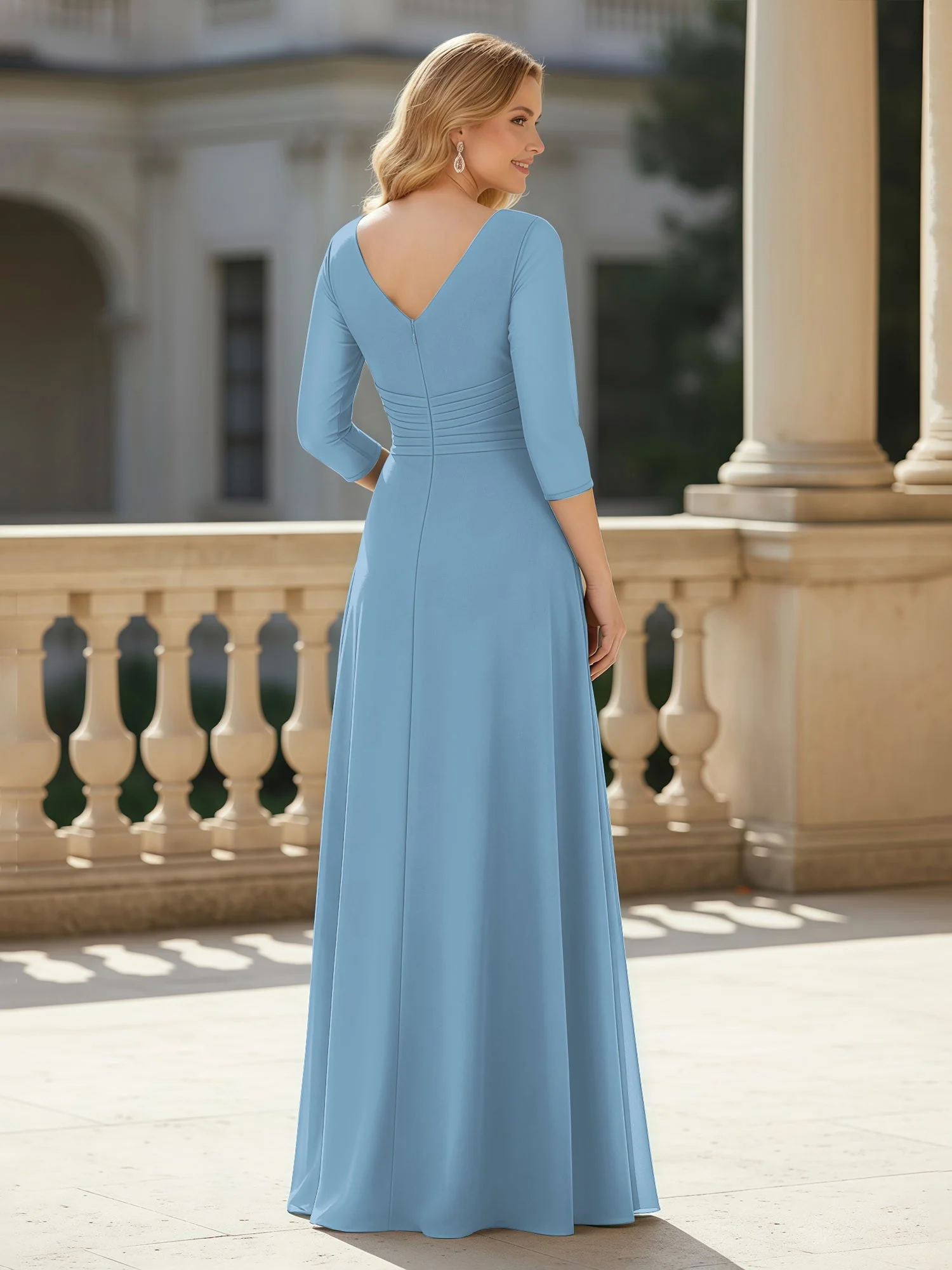 3/4 Ärmel Plissee V-Ausschnitt Chiffon Bodenlänge Kleid Blau - Image 2