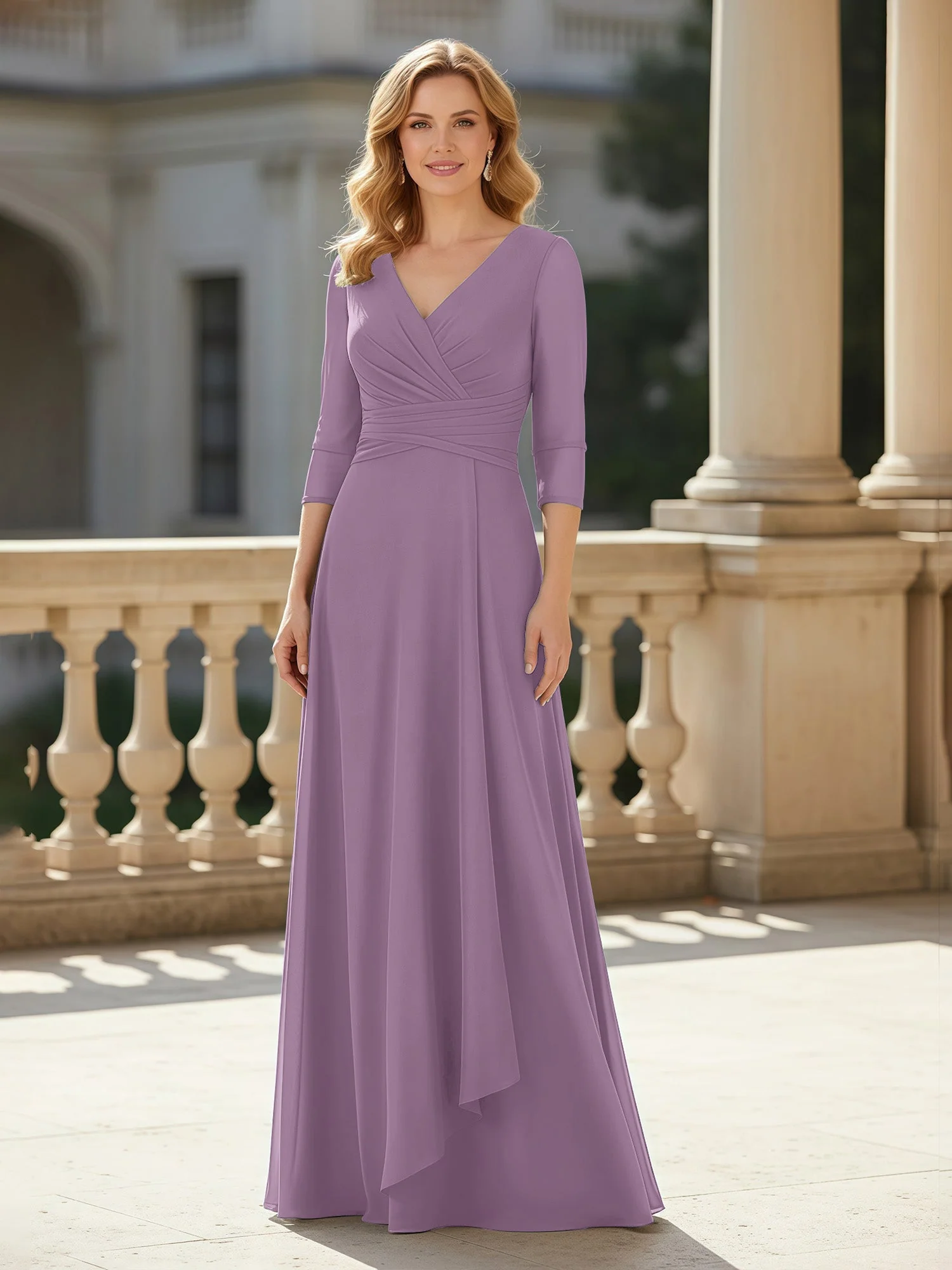3/4 Ärmel Plissee V-Ausschnitt Chiffon Bodenlänge Kleid Blauregen