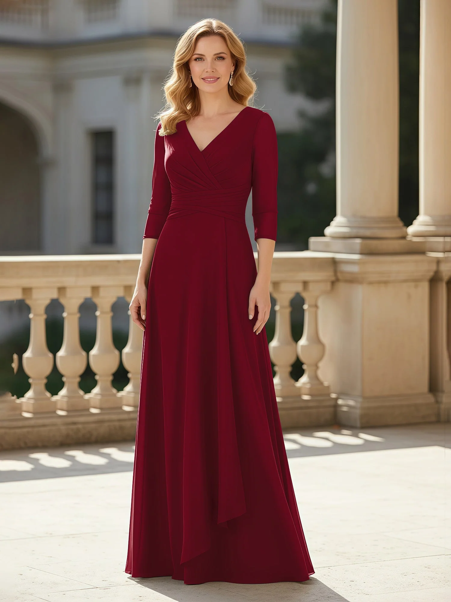 3/4 Ärmel Plissee V-Ausschnitt Chiffon Bodenlänge Kleid Burgunderrot