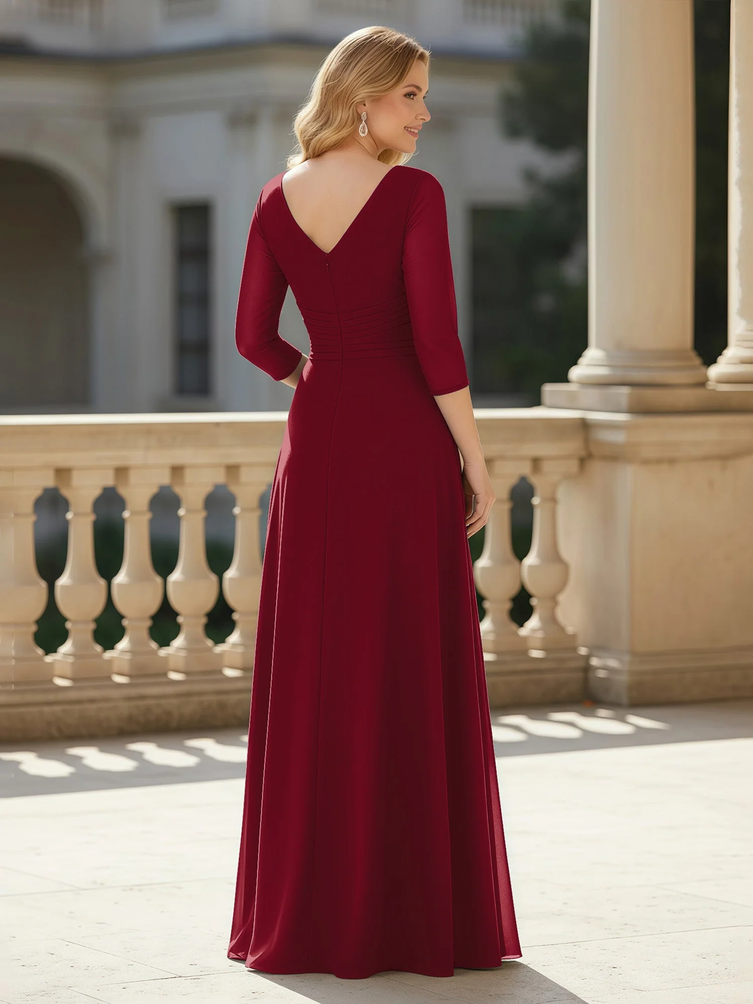 3/4 Ärmel Plissee V-Ausschnitt Chiffon Bodenlänge Kleid Burgunderrot - Image 2