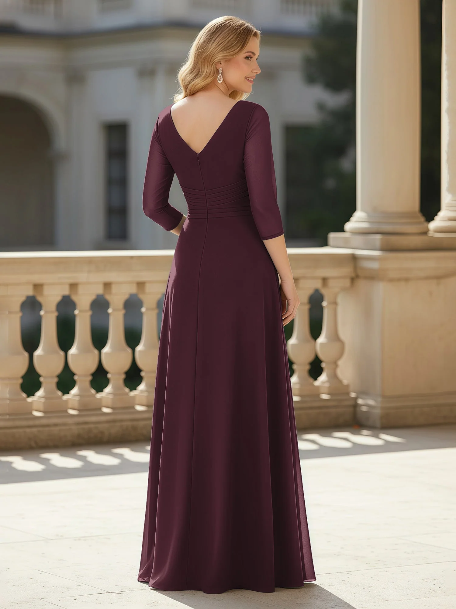 3/4 Ärmel Plissee V-Ausschnitt Chiffon Bodenlänge Kleid Cabernet - Image 2