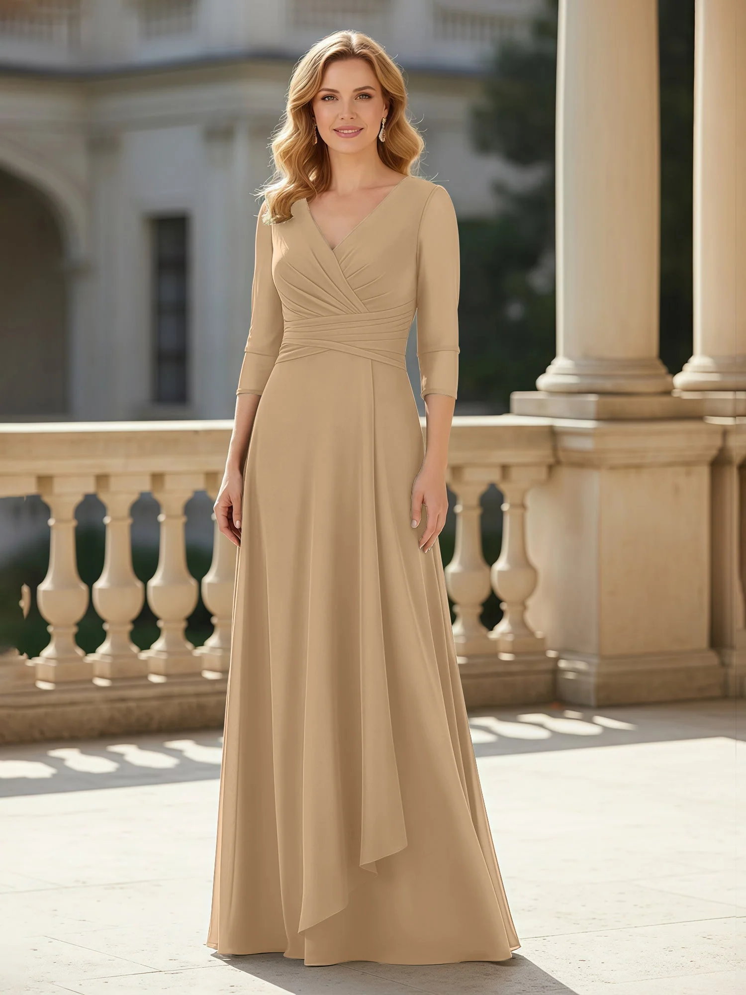 3/4 Ärmel Plissee V-Ausschnitt Chiffon Bodenlänge Kleid Champagner