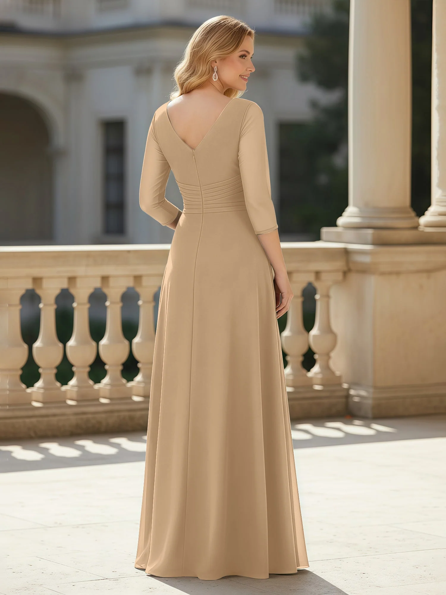 3/4 Ärmel Plissee V-Ausschnitt Chiffon Bodenlänge Kleid Champagner - Image 2