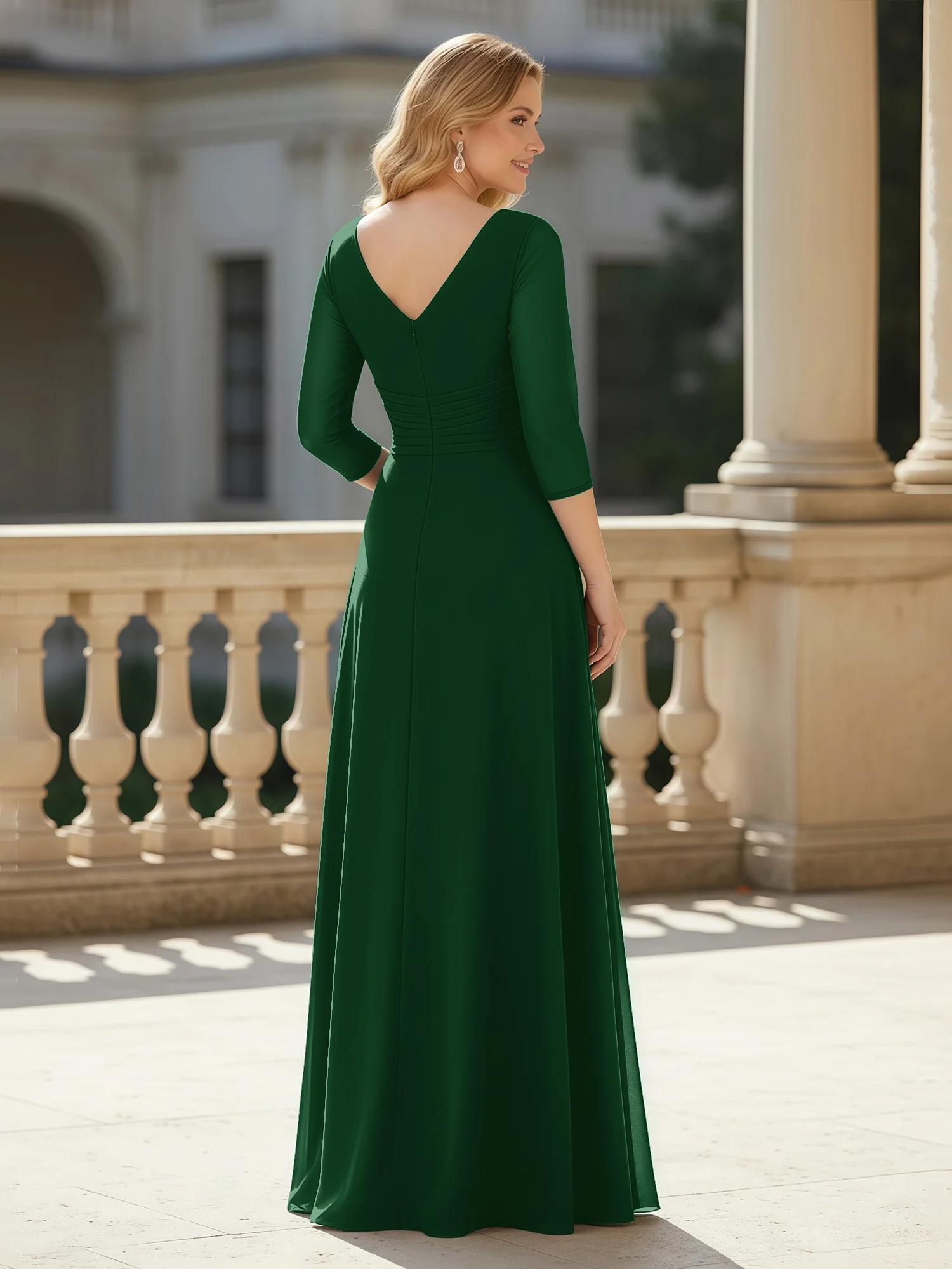 3/4 Ärmel Plissee V-Ausschnitt Chiffon Bodenlänge Kleid Dunkelgrün - Image 2