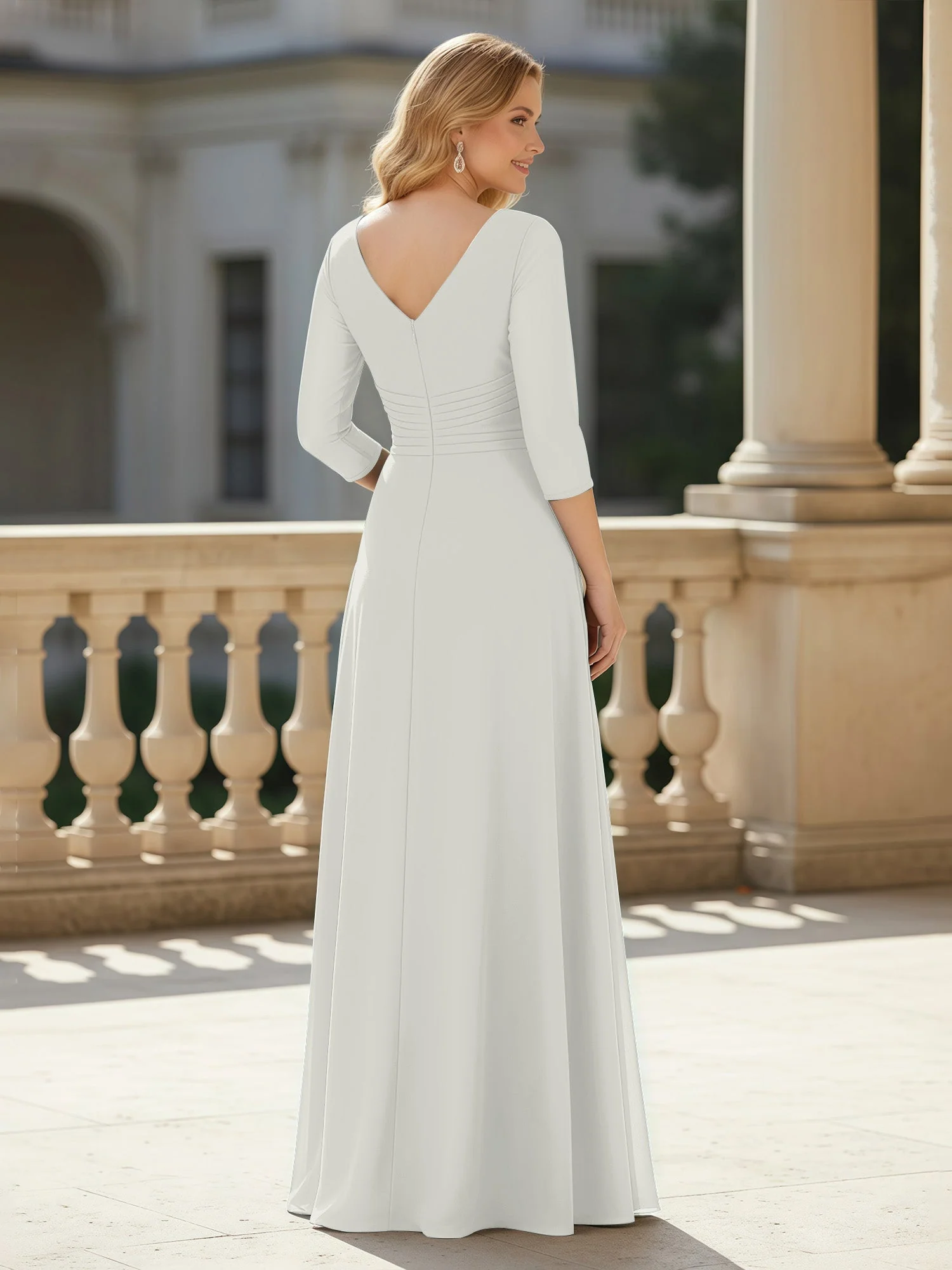 3/4 Ärmel Plissee V-Ausschnitt Chiffon Bodenlänge Kleid Elfenbein - Image 2