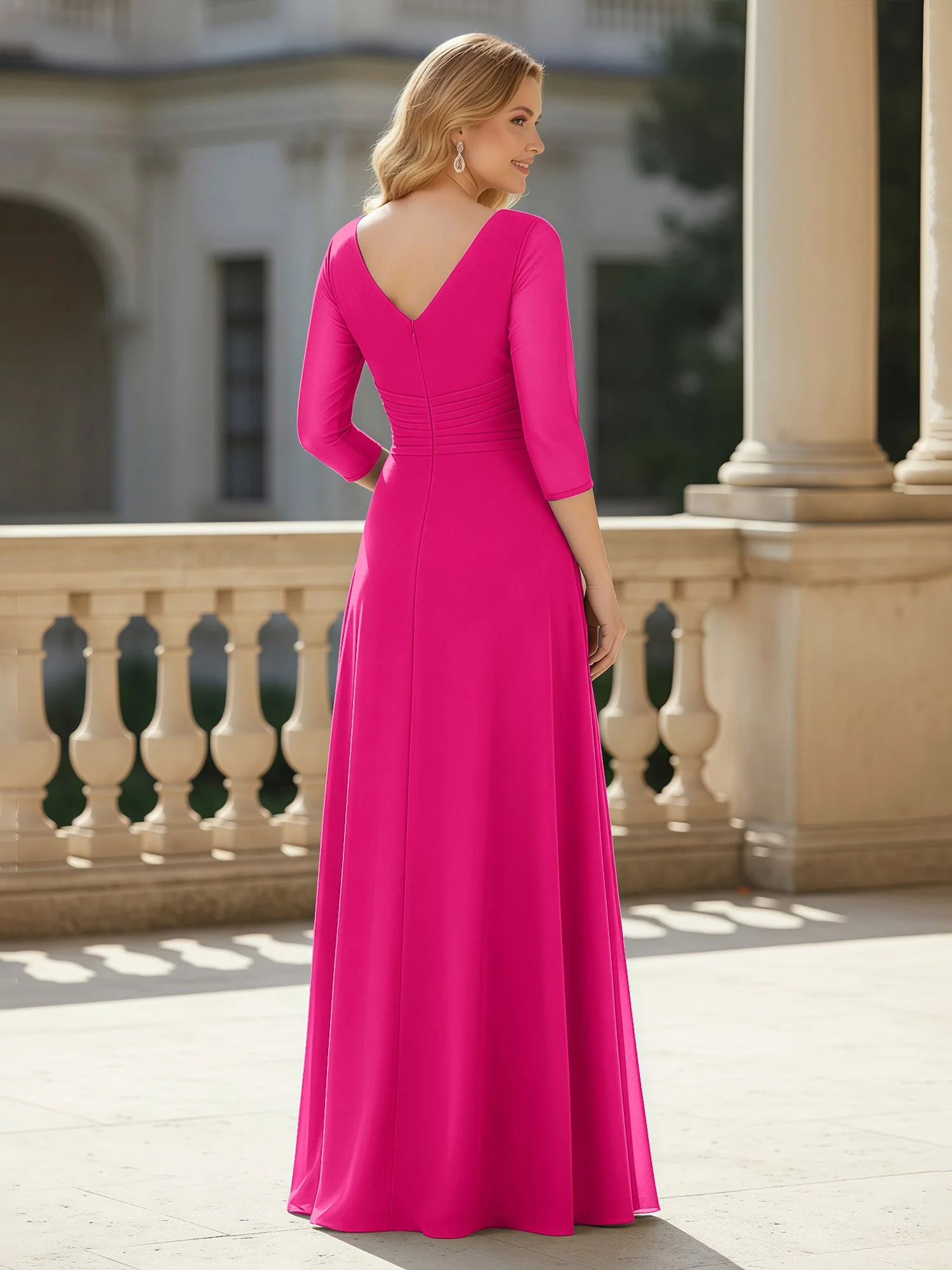 3/4 Ärmel Plissee V-Ausschnitt Chiffon Bodenlänge Kleid Fuchsia - Image 2