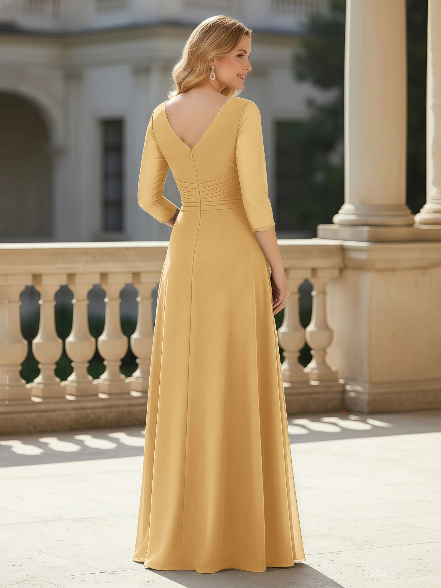 3/4 Ärmel Plissee V-Ausschnitt Chiffon Bodenlänge Kleid Gold - Image 2