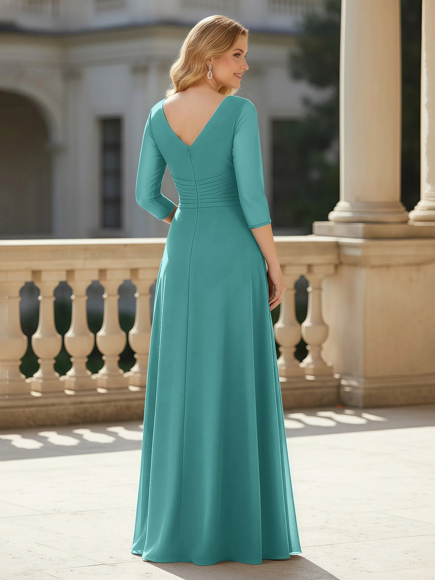 3/4 Ärmel Plissee V-Ausschnitt Chiffon Bodenlänge Kleid Jade - Image 2