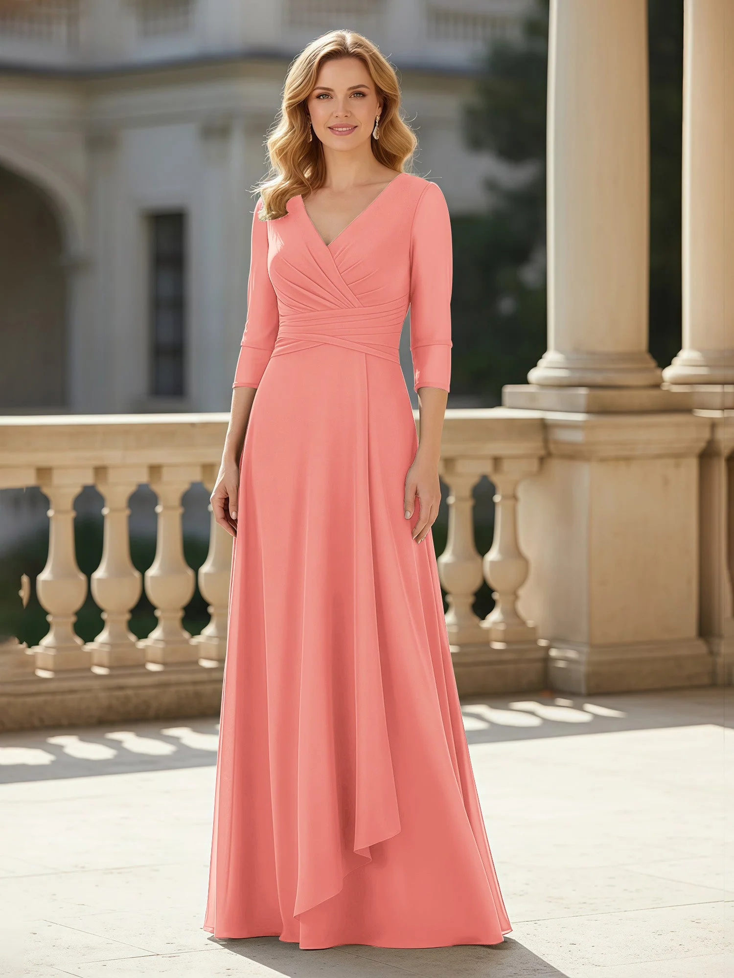 3/4 Ärmel Plissee V-Ausschnitt Chiffon Bodenlänge Kleid Koralle