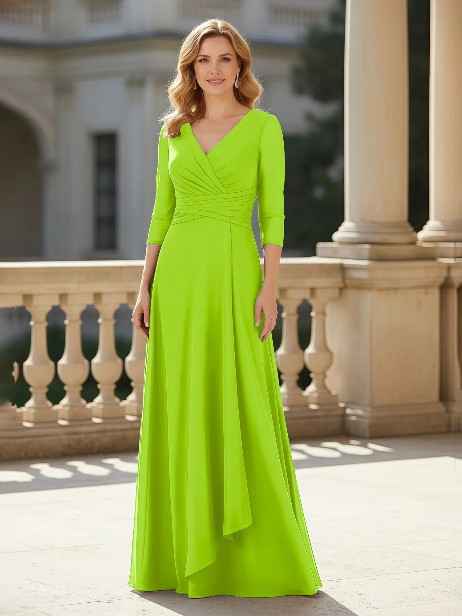 3/4 Ärmel Plissee V-Ausschnitt Chiffon Bodenlänge Kleid Lindgrün
