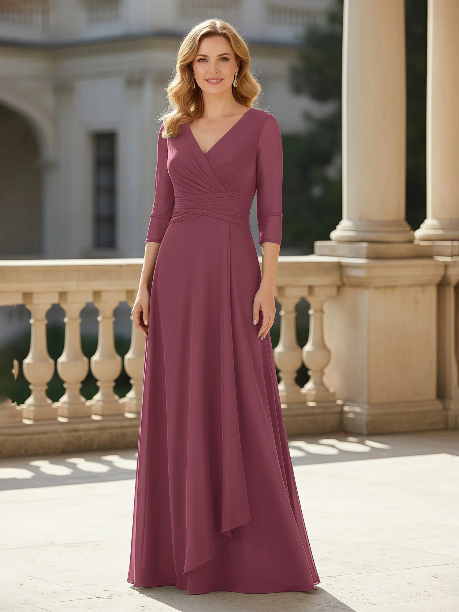 3/4 Ärmel Plissee V-Ausschnitt Chiffon Bodenlänge Kleid Maulbeere