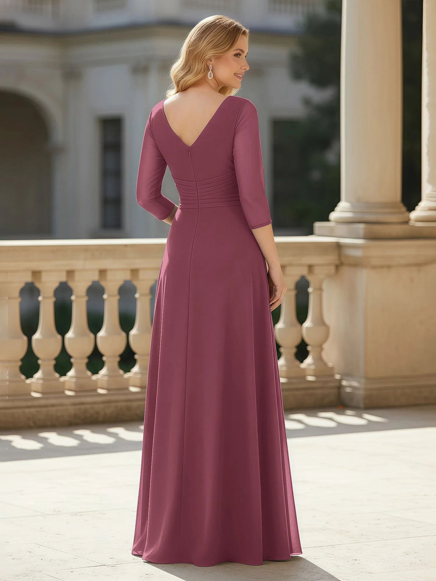 3/4 Ärmel Plissee V-Ausschnitt Chiffon Bodenlänge Kleid Maulbeere - Image 2