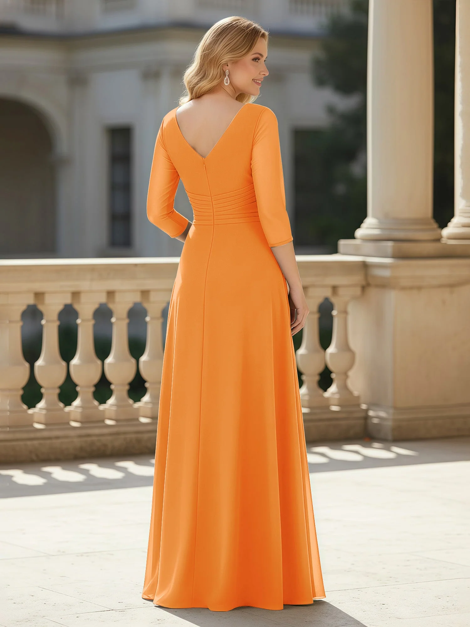 3/4 Ärmel Plissee V-Ausschnitt Chiffon Bodenlänge Kleid Orange - Image 2