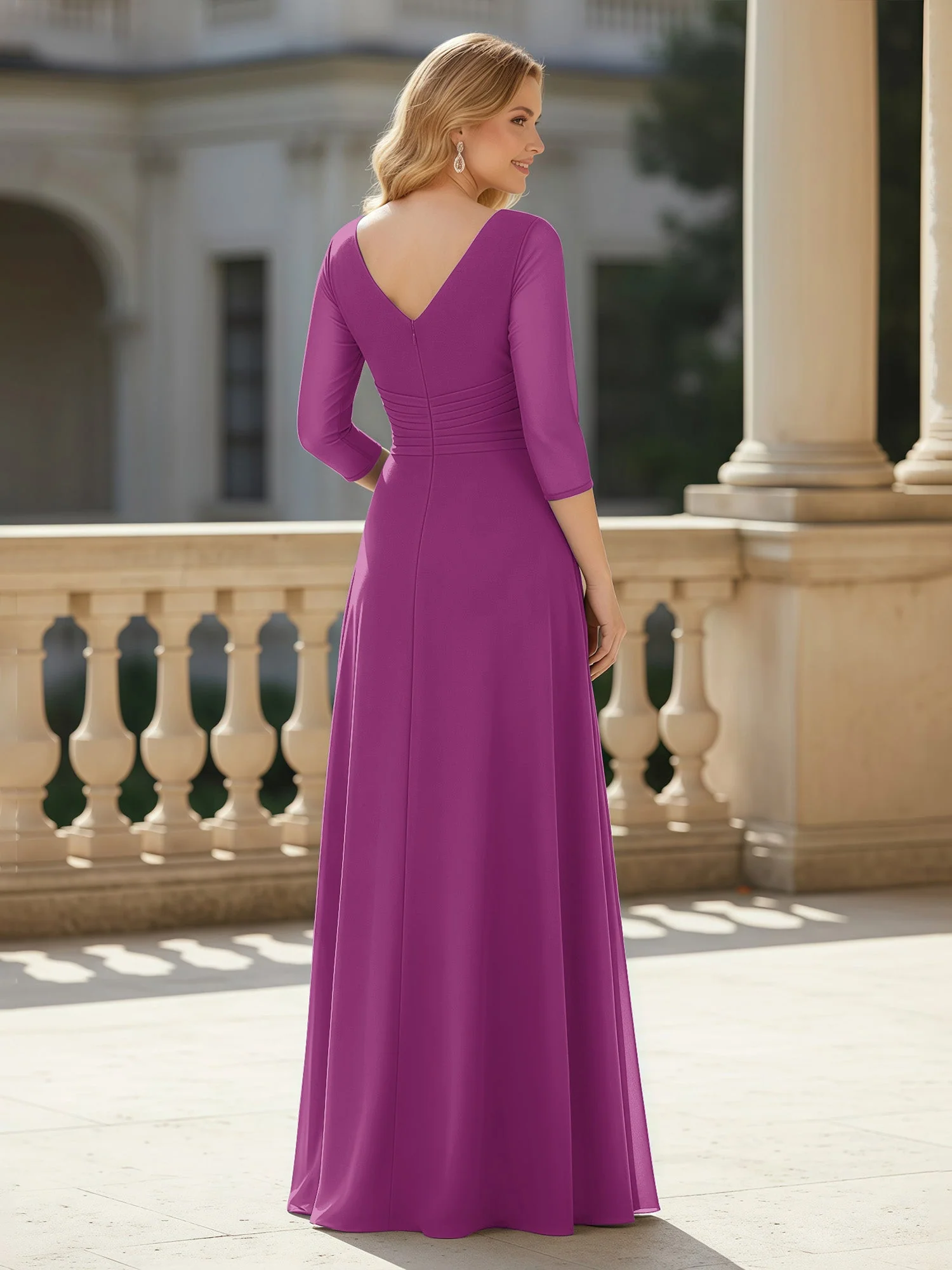3/4 Ärmel Plissee V-Ausschnitt Chiffon Bodenlänge Kleid Orchidee - Image 2