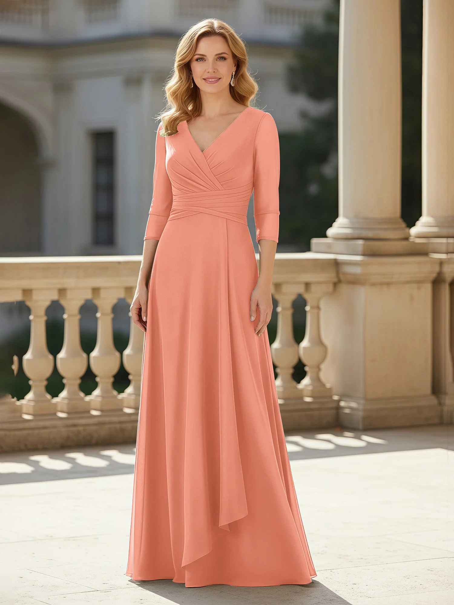 3/4 Ärmel Plissee V-Ausschnitt Chiffon Bodenlänge Kleid Papaya