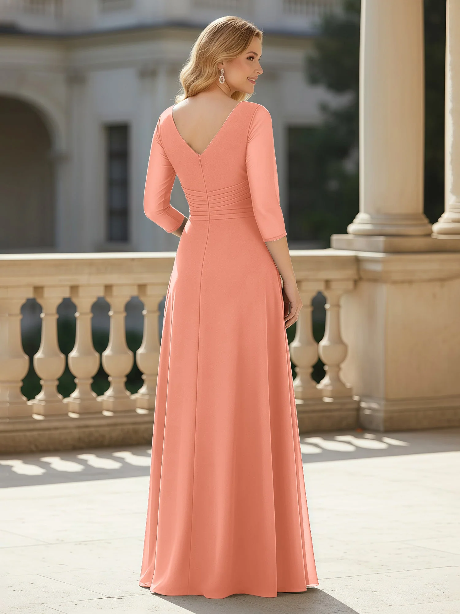 3/4 Ärmel Plissee V-Ausschnitt Chiffon Bodenlänge Kleid Papaya - Image 2
