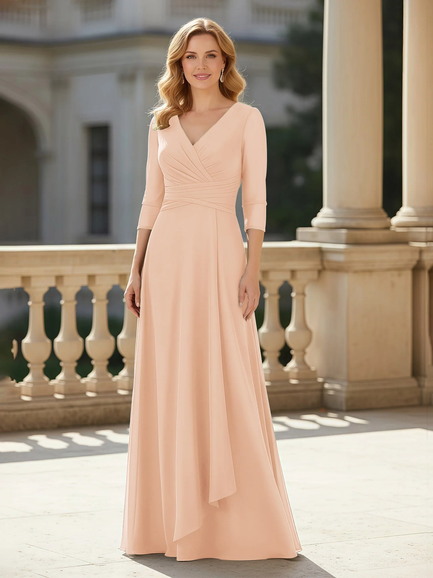 3/4 Ärmel Plissee V-Ausschnitt Chiffon Bodenlänge Kleid Perlrosa