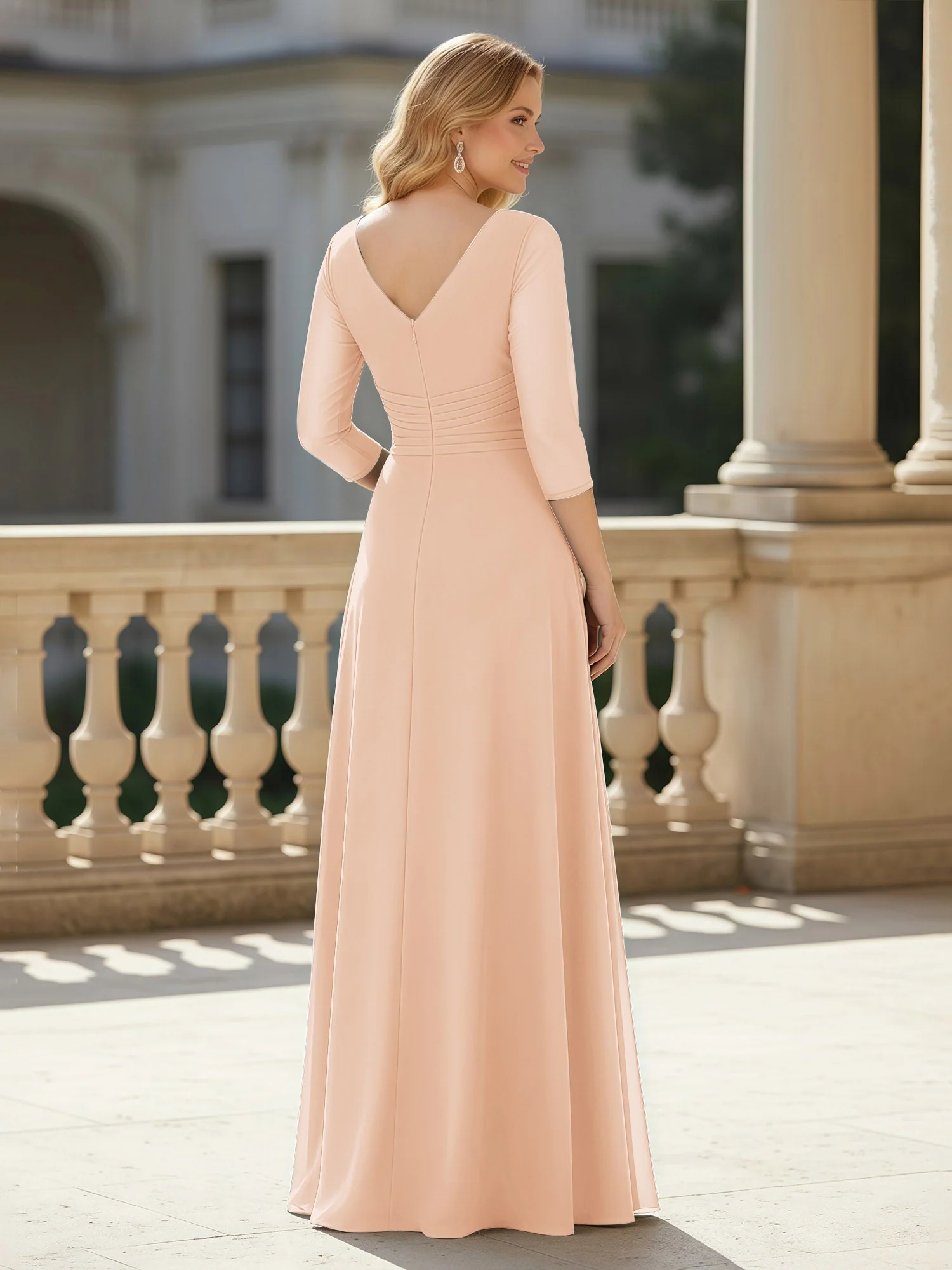 3/4 Ärmel Plissee V-Ausschnitt Chiffon Bodenlänge Kleid Perlrosa - Image 2