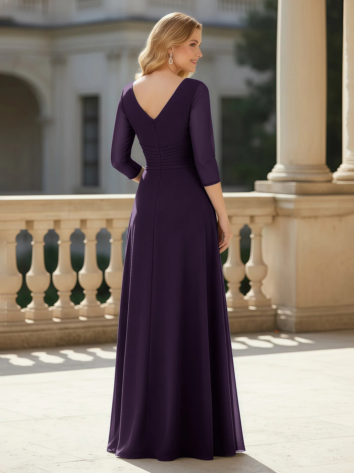 3/4 Ärmel Plissee V-Ausschnitt Chiffon Bodenlänge Kleid Plum - Image 2