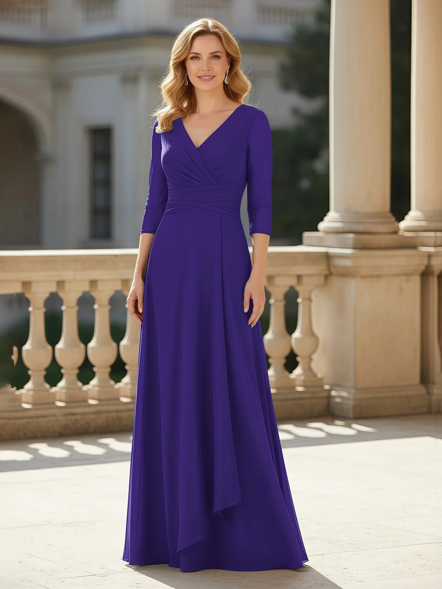 3/4 Ärmel Plissee V-Ausschnitt Chiffon Bodenlänge Kleid Regentschaft