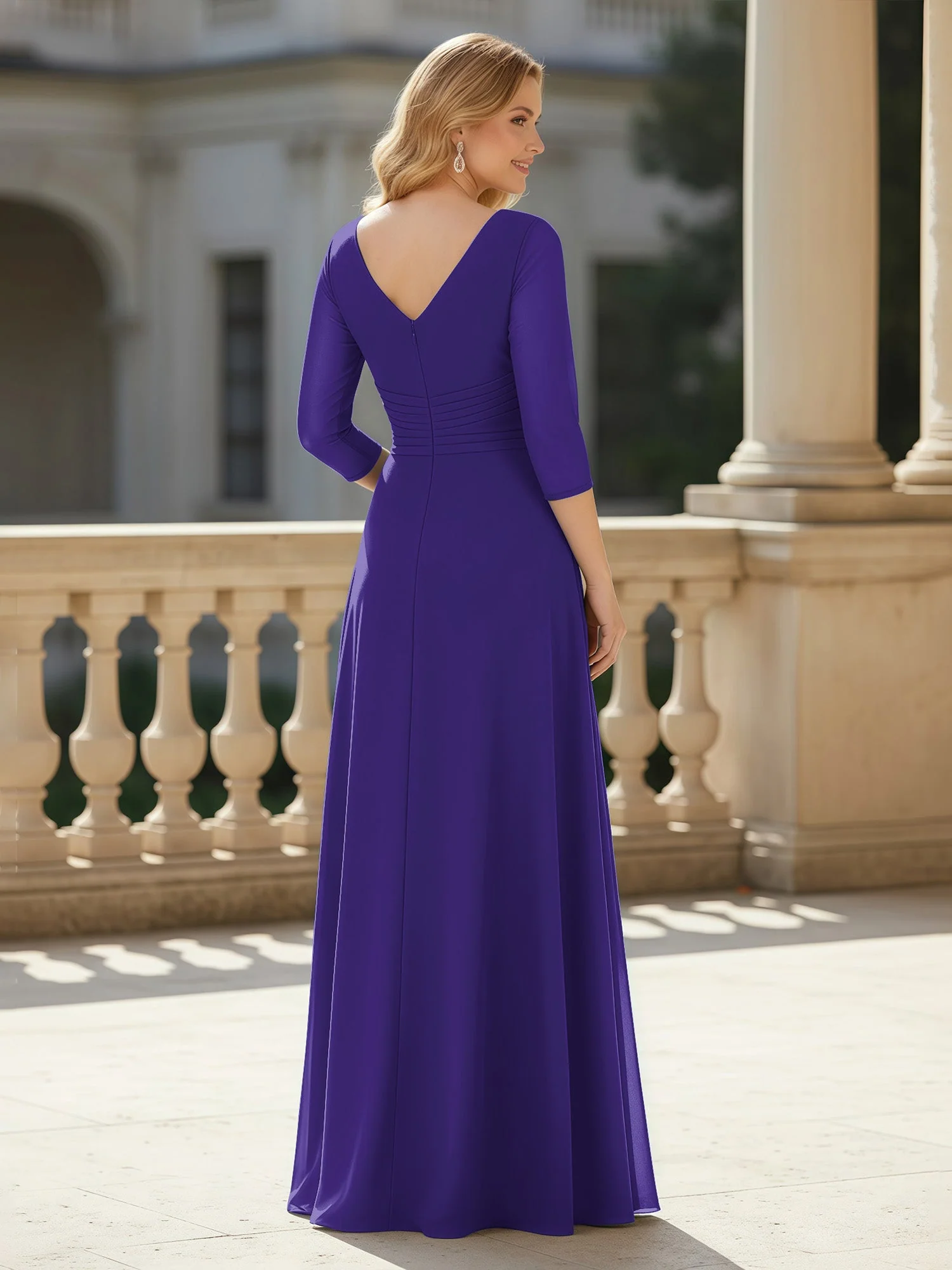 3/4 Ärmel Plissee V-Ausschnitt Chiffon Bodenlänge Kleid Regentschaft - Image 2
