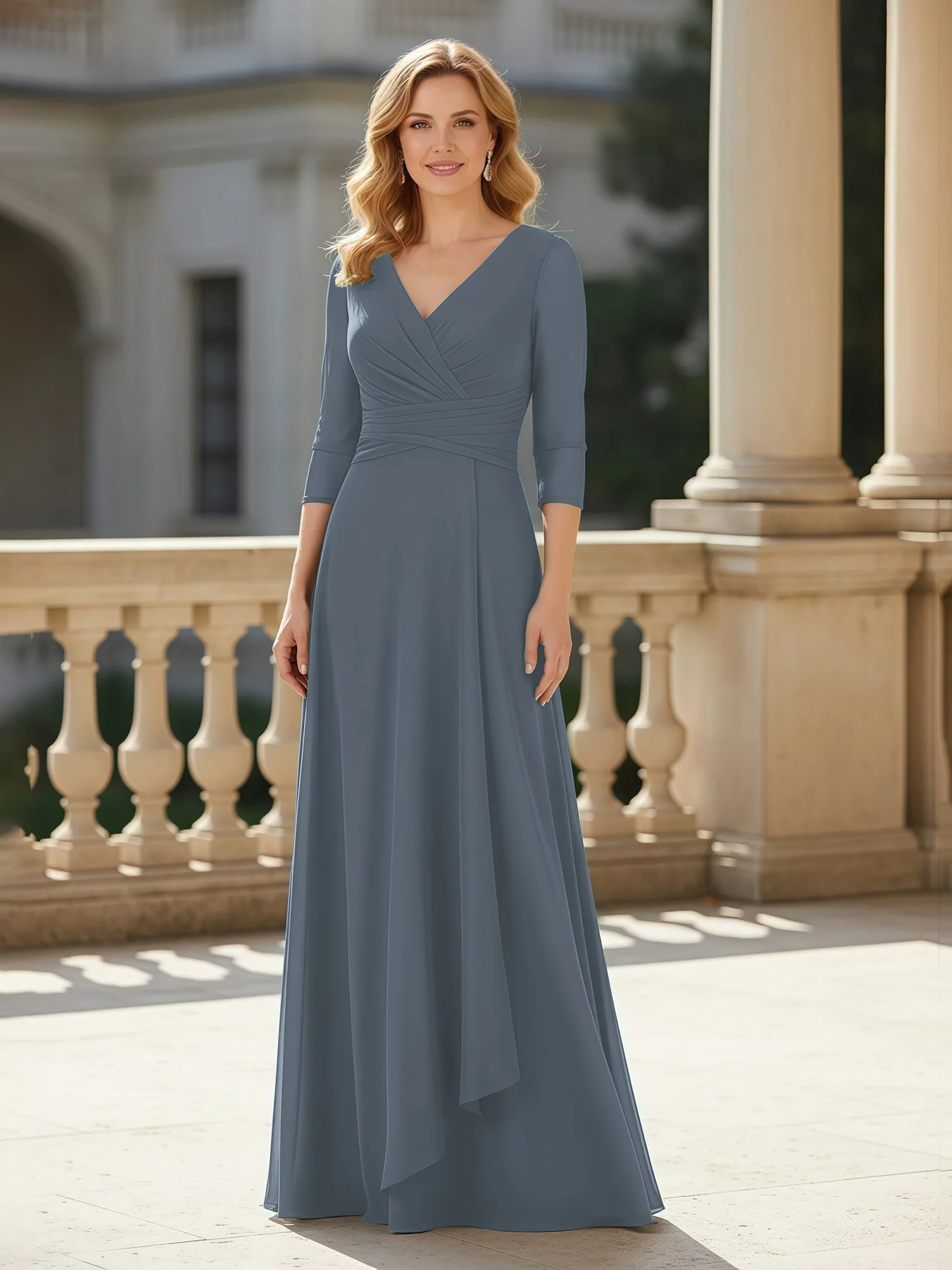 3/4 Ärmel Plissee V-Ausschnitt Chiffon Bodenlänge Kleid Schiefer Blau