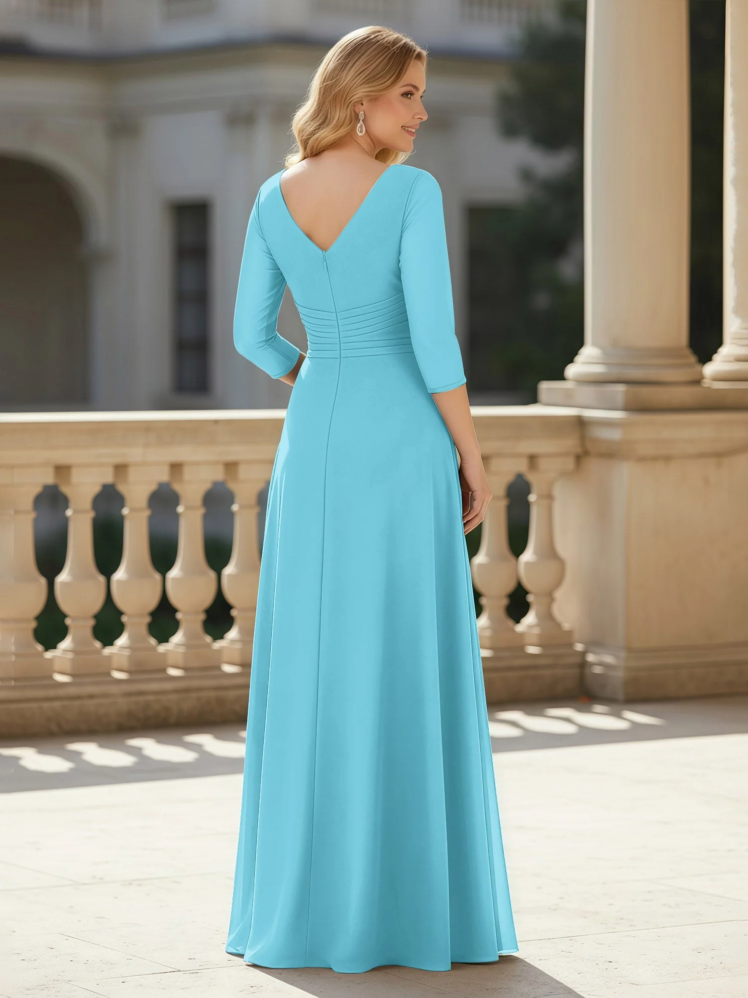 3/4 Ärmel Plissee V-Ausschnitt Chiffon Bodenlänge Kleid Schwimmbadblau - Image 2