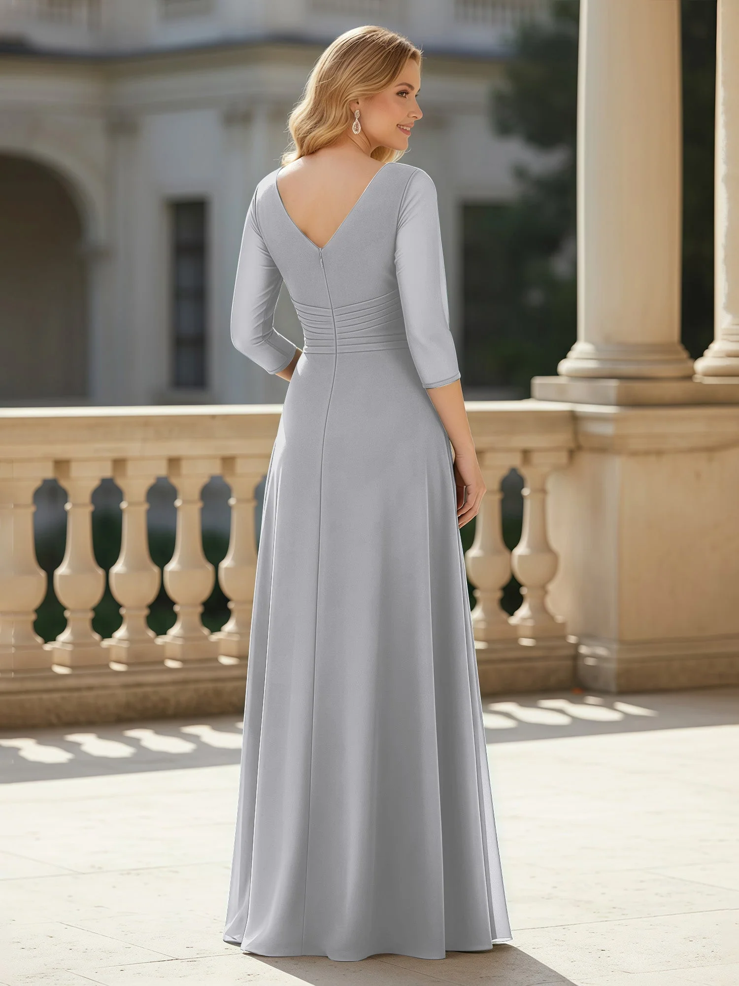 3/4 Ärmel Plissee V-Ausschnitt Chiffon Bodenlänge Kleid Silber - Image 2