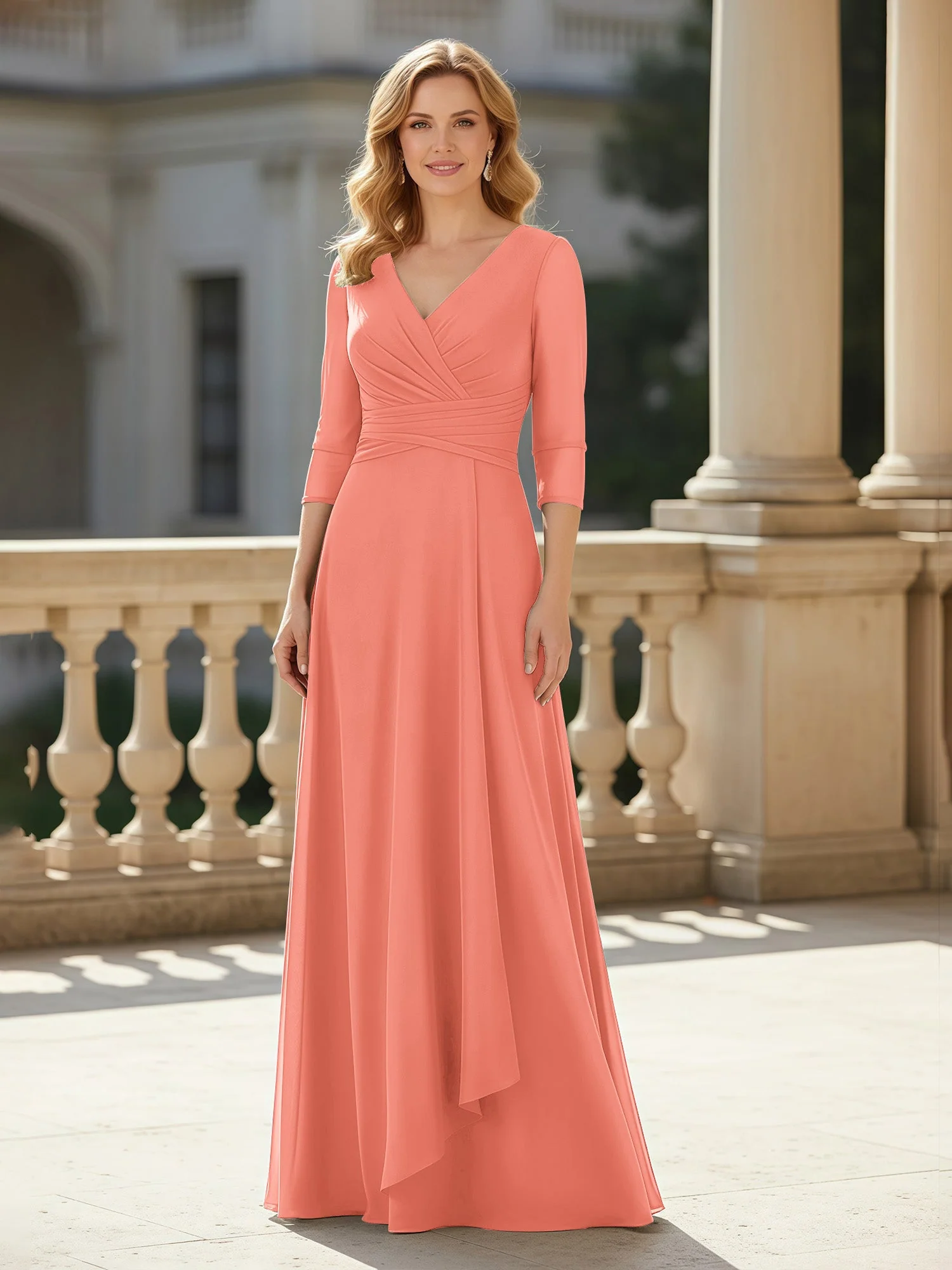 3/4 Ärmel Plissee V-Ausschnitt Chiffon Bodenlänge Kleid Sonnenuntergang