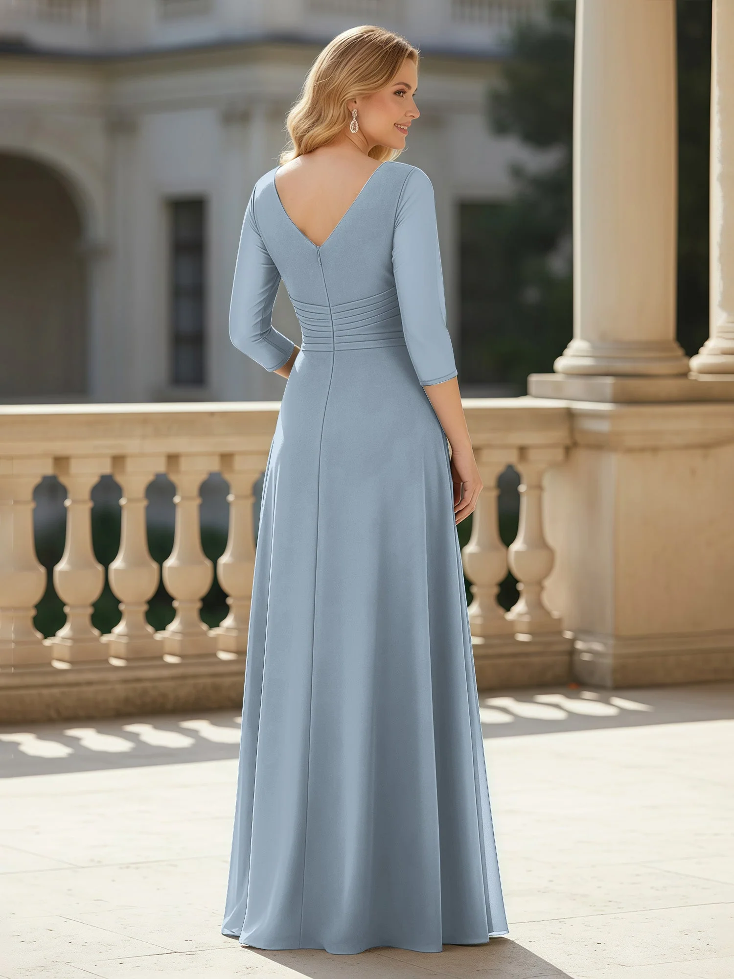 3/4 Ärmel Plissee V-Ausschnitt Chiffon Bodenlänge Kleid Staubiges Blau - Image 2